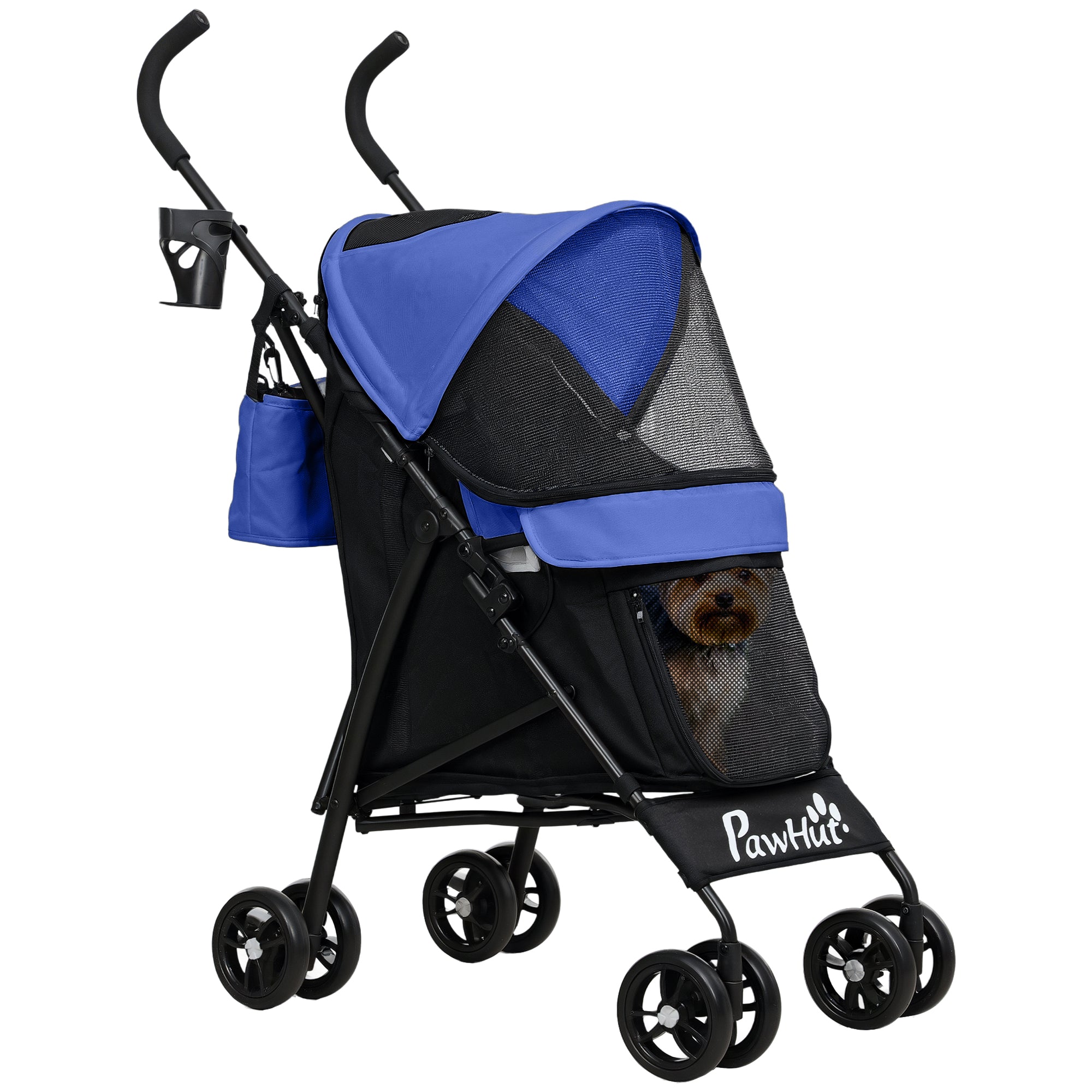 Umbrella Structure Dog Stroller, Lightweight & Portable Dog Pram w/ Shoulder Strap, Storage Bag & Cup Holder, Dark Blue