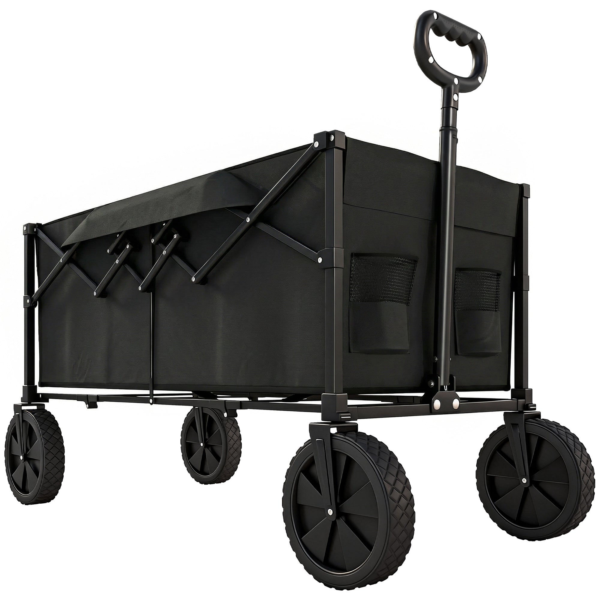 95L Foldable Festival Trolley on Wheels, Collapsible Wagon Cart with Adjustable Handle and 2 Cup Holders, Black