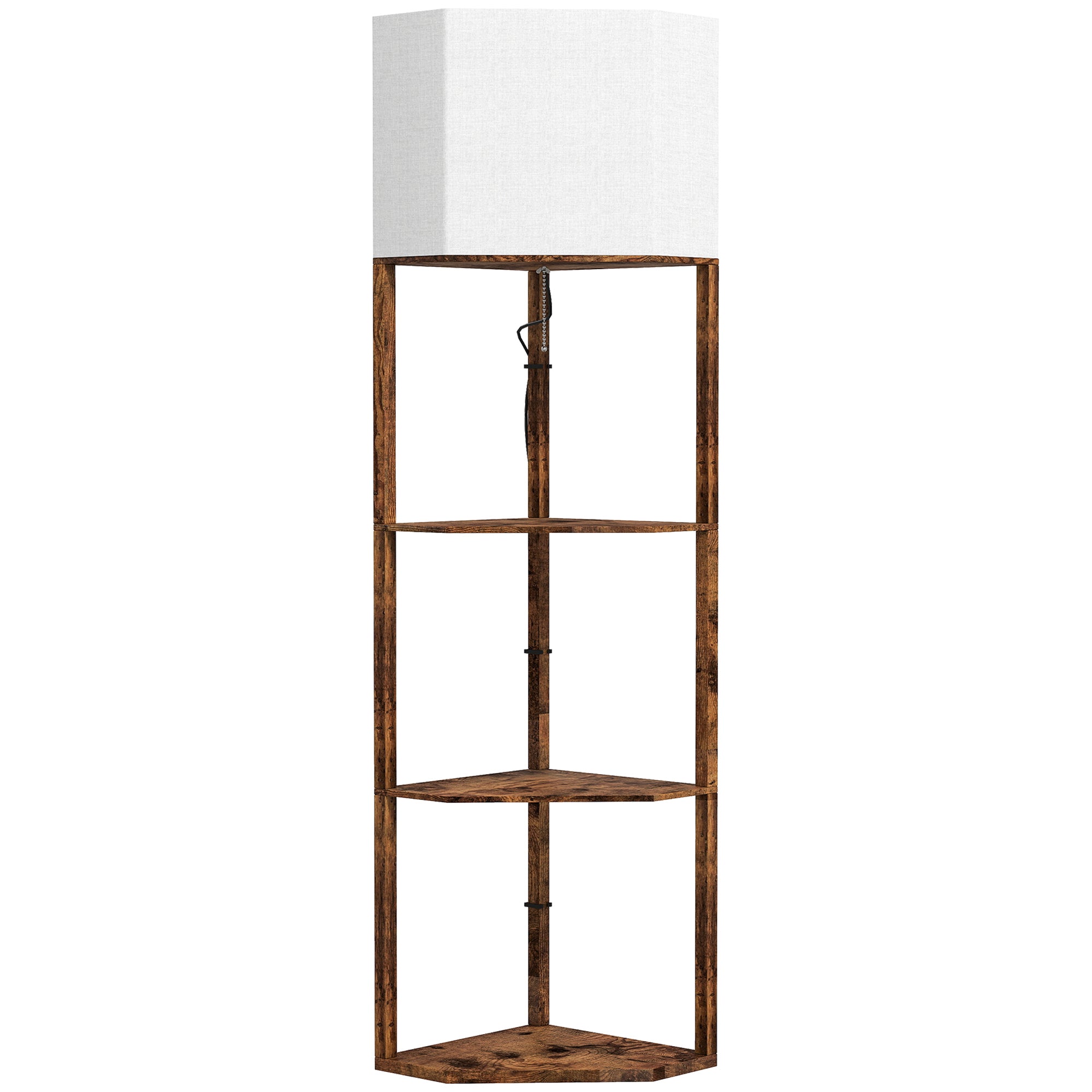 Corner Floor Lamp with Shelves, Tall Standing Lamps for Living Room, with Pull Chain Switch Bulb not Included, Rustic Brown