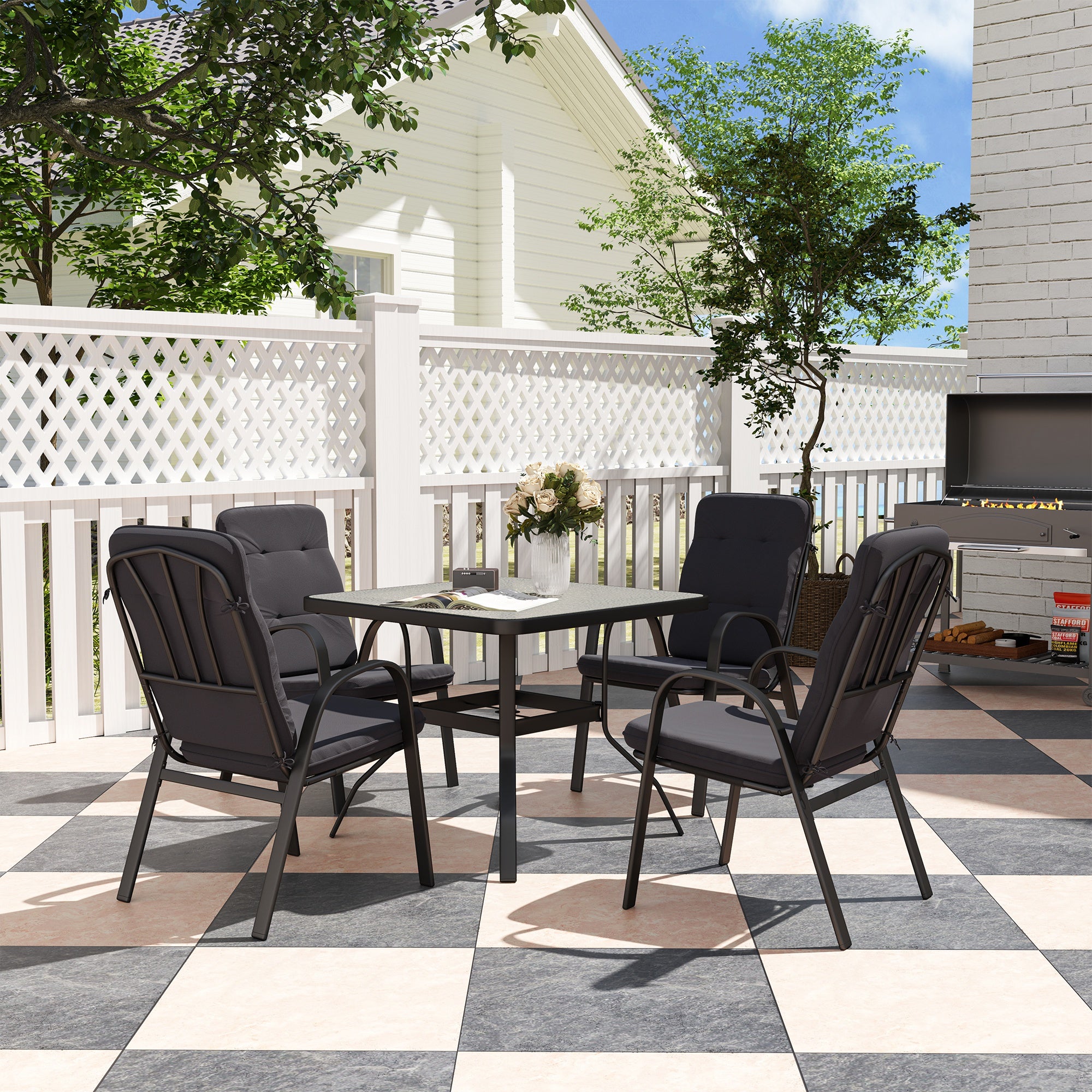 5 Pieces Outdoor Square Garden Dining Set w/ Tempered Glass Dining Table 4 Cushioned Armchairs, Umbrella Hole, Black