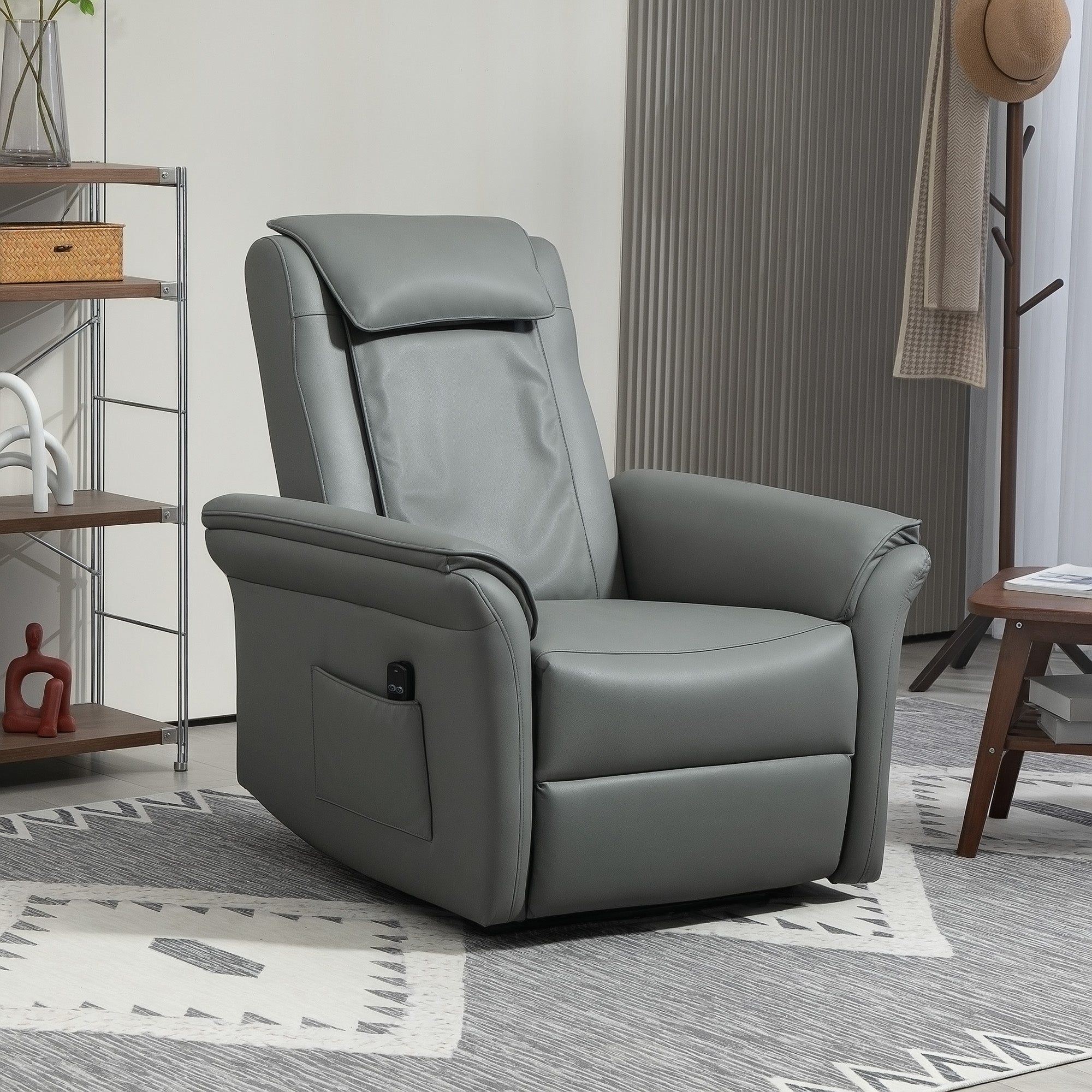 3D Kneading Massage Recliner Chair with Headrest, Breathable Leather Recliner Armchair, Electric Reclining Chair with Footrest, Remote with USB Port, Side Pockets for Home, Grey
