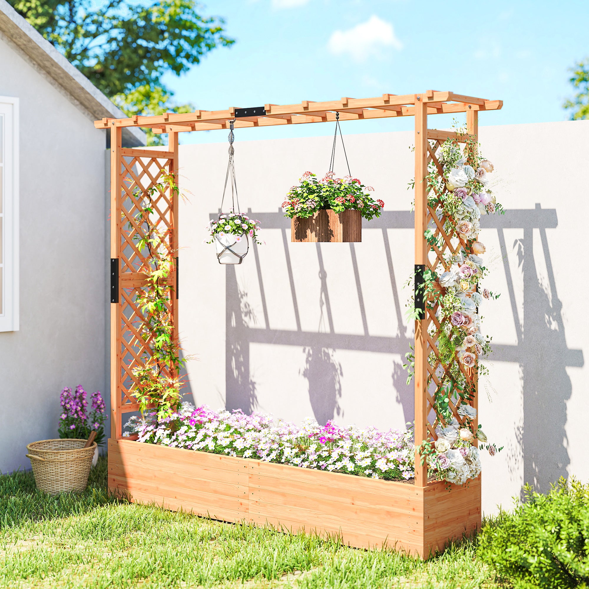 Fir Wood 171 x 39 cm Planter and Trellis Garden Bed