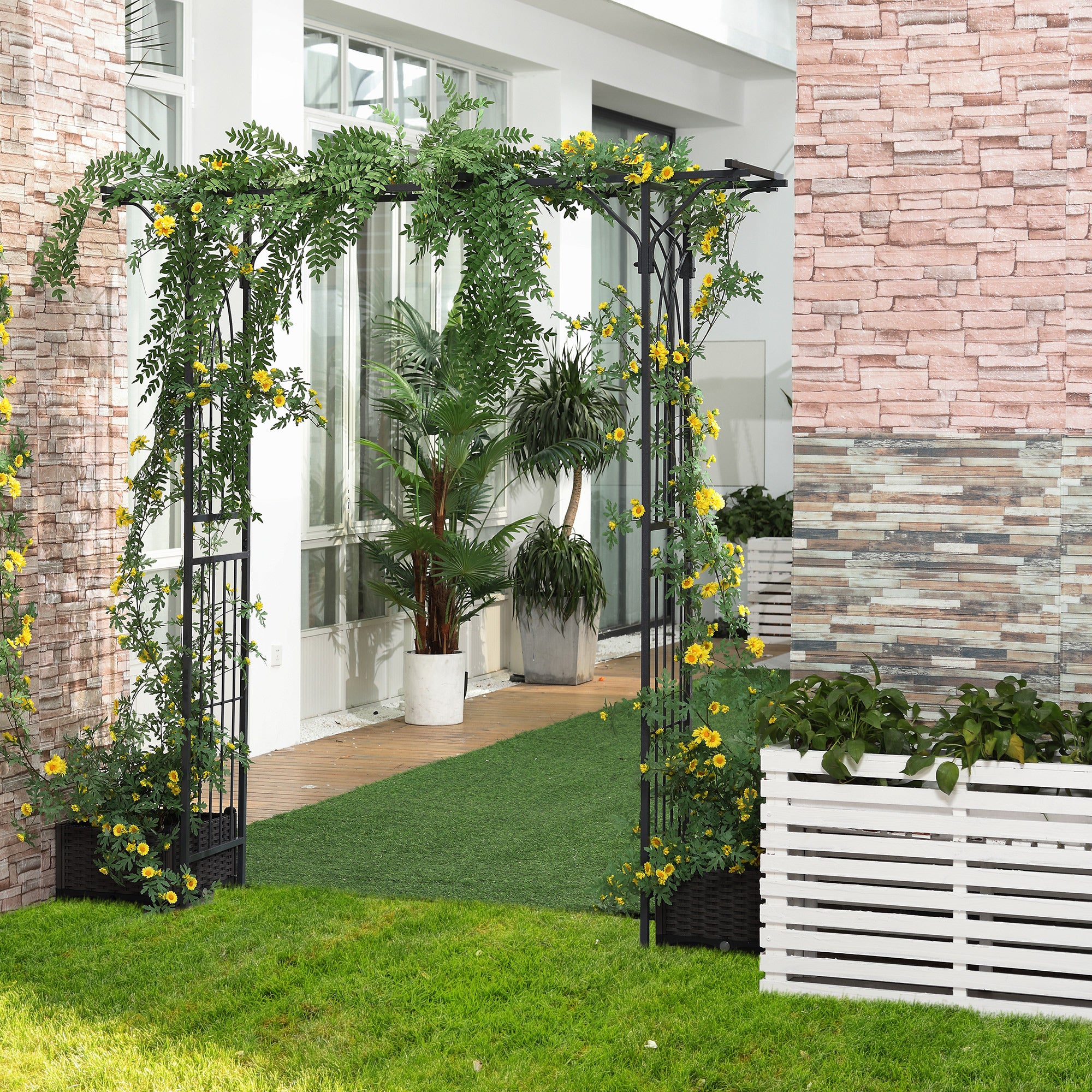 210cm Decorative Metal Garden Trellis Arch with Durable Steel Tubing & Elegant Scrollwork, Great for Weddings, Dark Gre