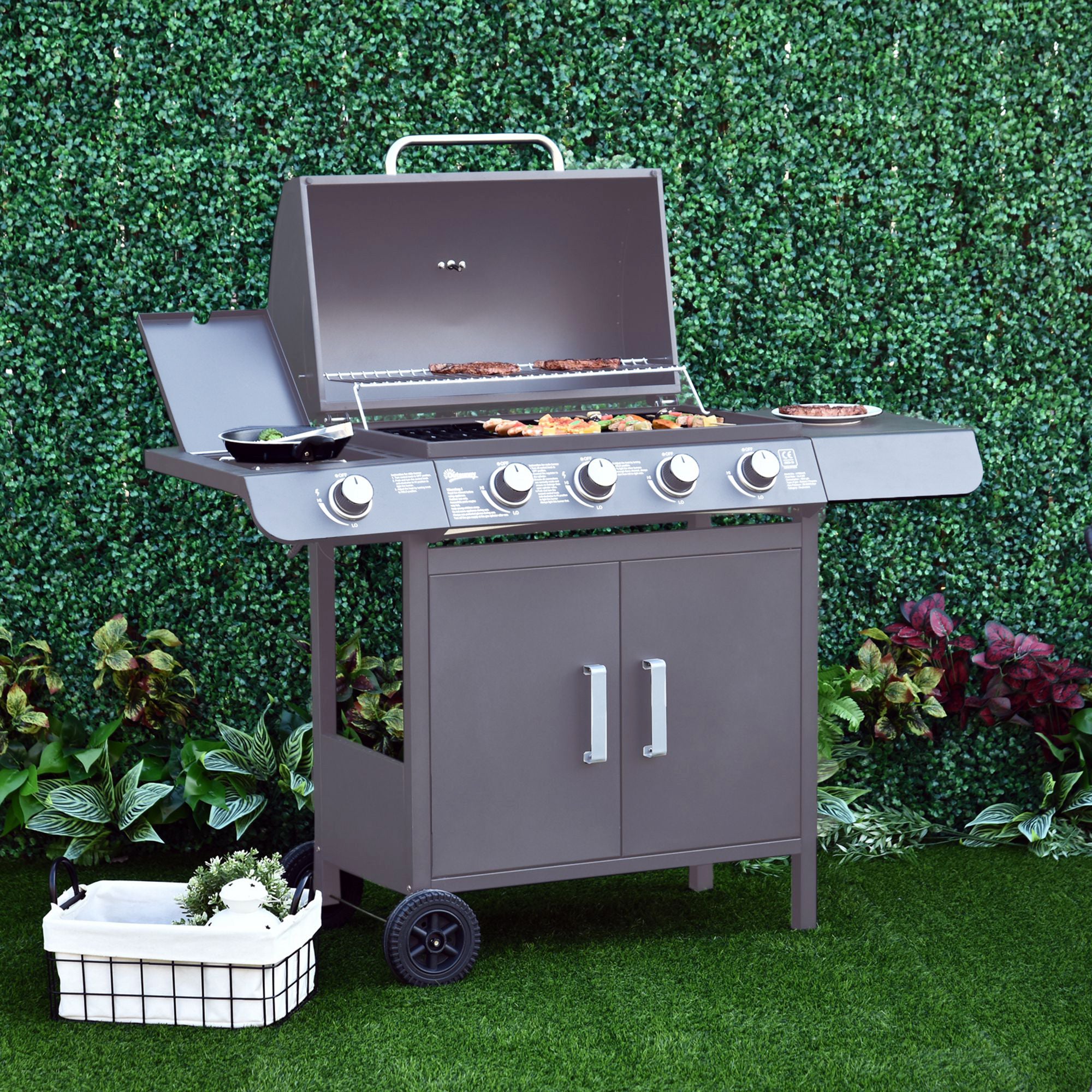 4+1 Burner Gas BBQ Grill Trolley with Wheels, Warming Rack, Side Shelves, Cabinet & Thermometer - Grey