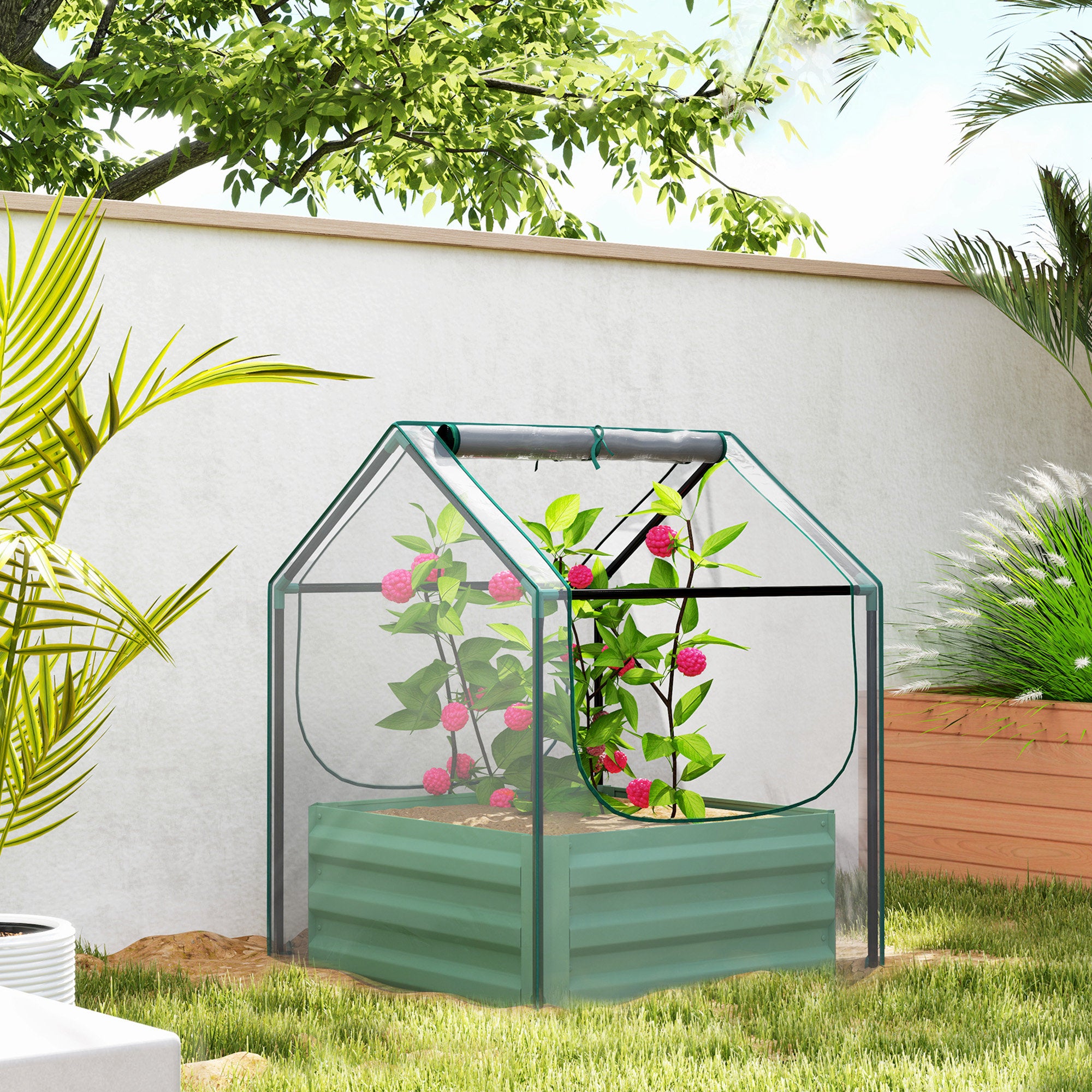 61 x 61cm Garden Planter Bed with Mini Greenhouse Cover - Green