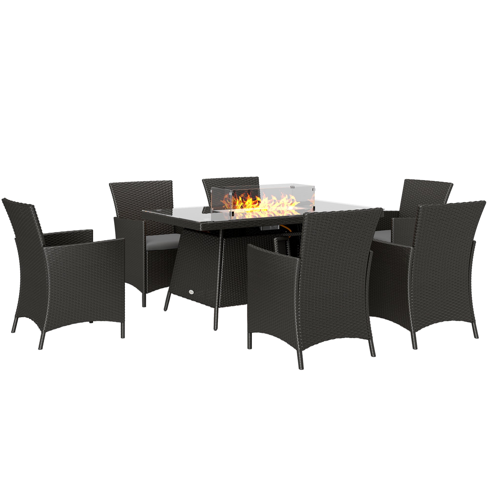 7 Piece Outdoor Rattan Garden Dining Set with 6 Chairs, Fire Pit Table & 50,000 BTU Propane Heater - Black