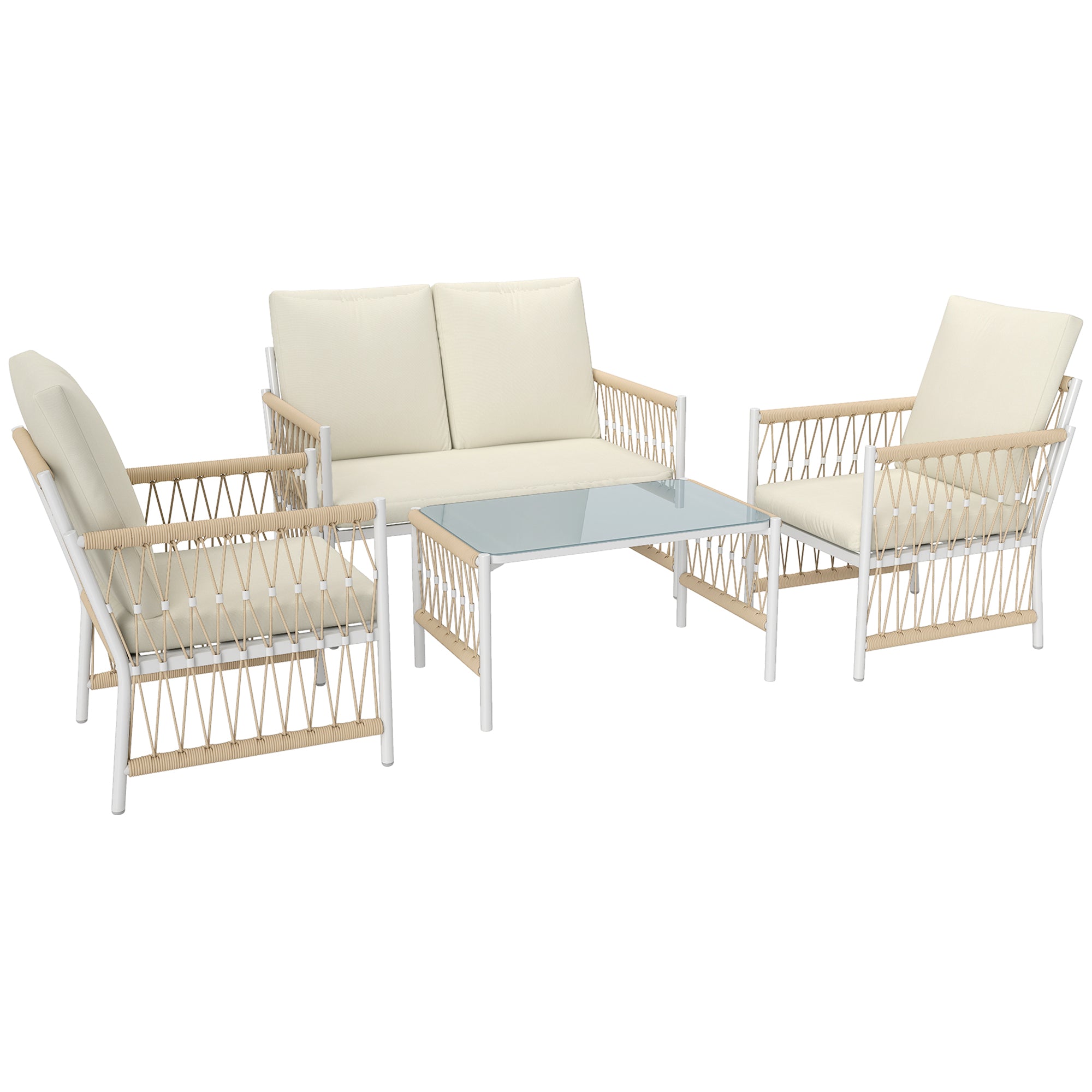 4 Piece Rattan Garden Furniture Set with Cushions - Khaki