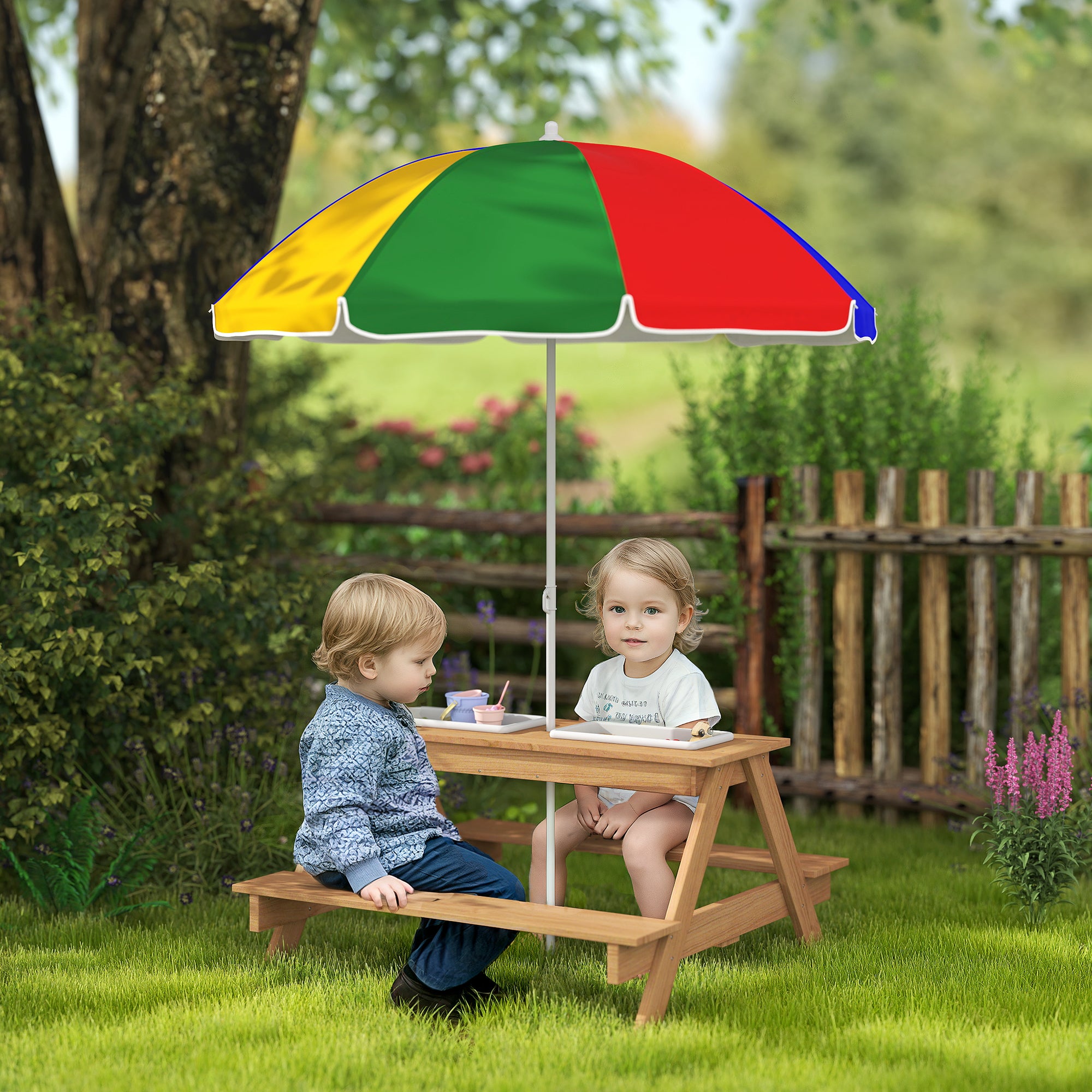 Kids Picnic Table Set with Sand and Water Bins Adjustable Parasol Multicolour