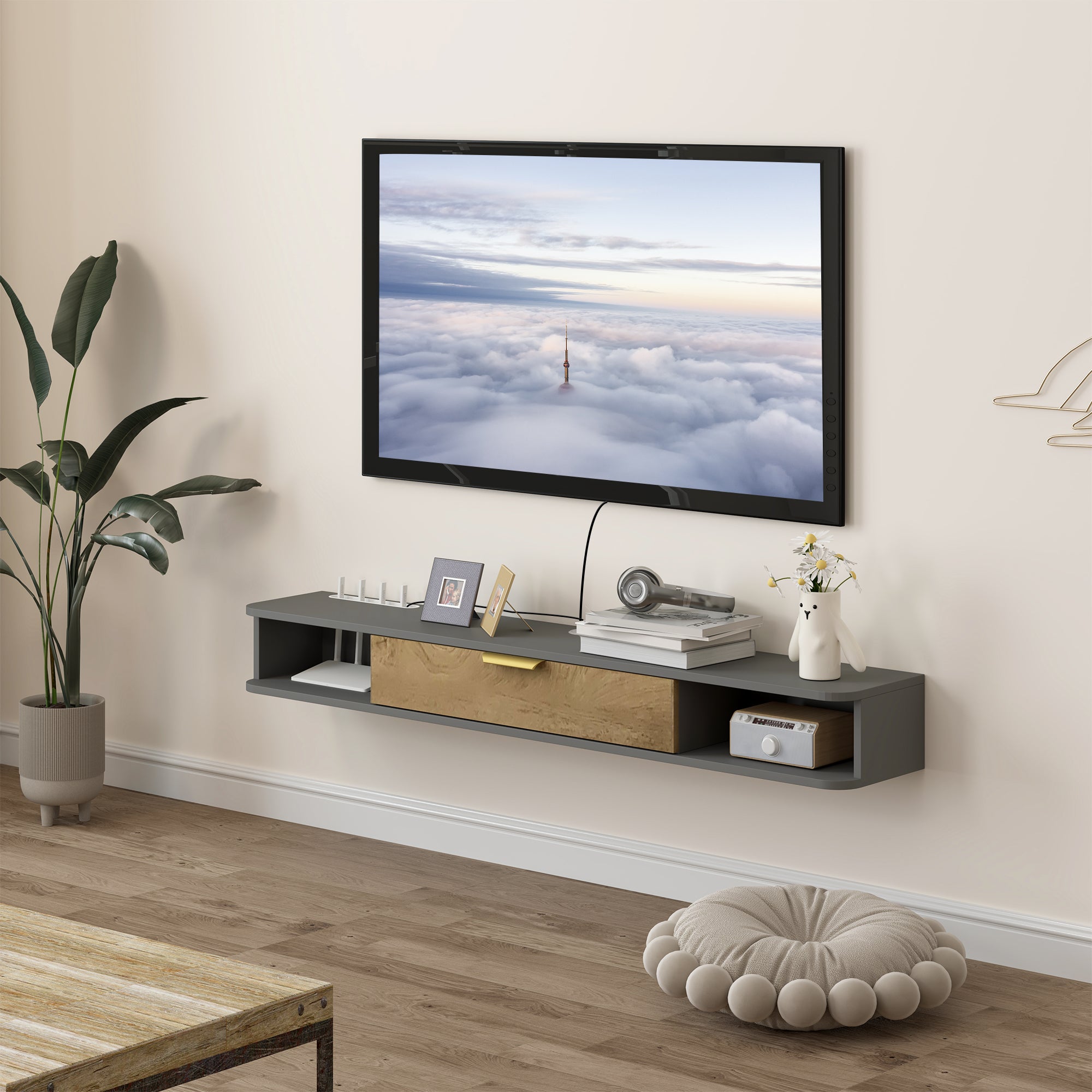 140 cm Floating TV Stand with Storage and Cable Management - Charcoal Grey