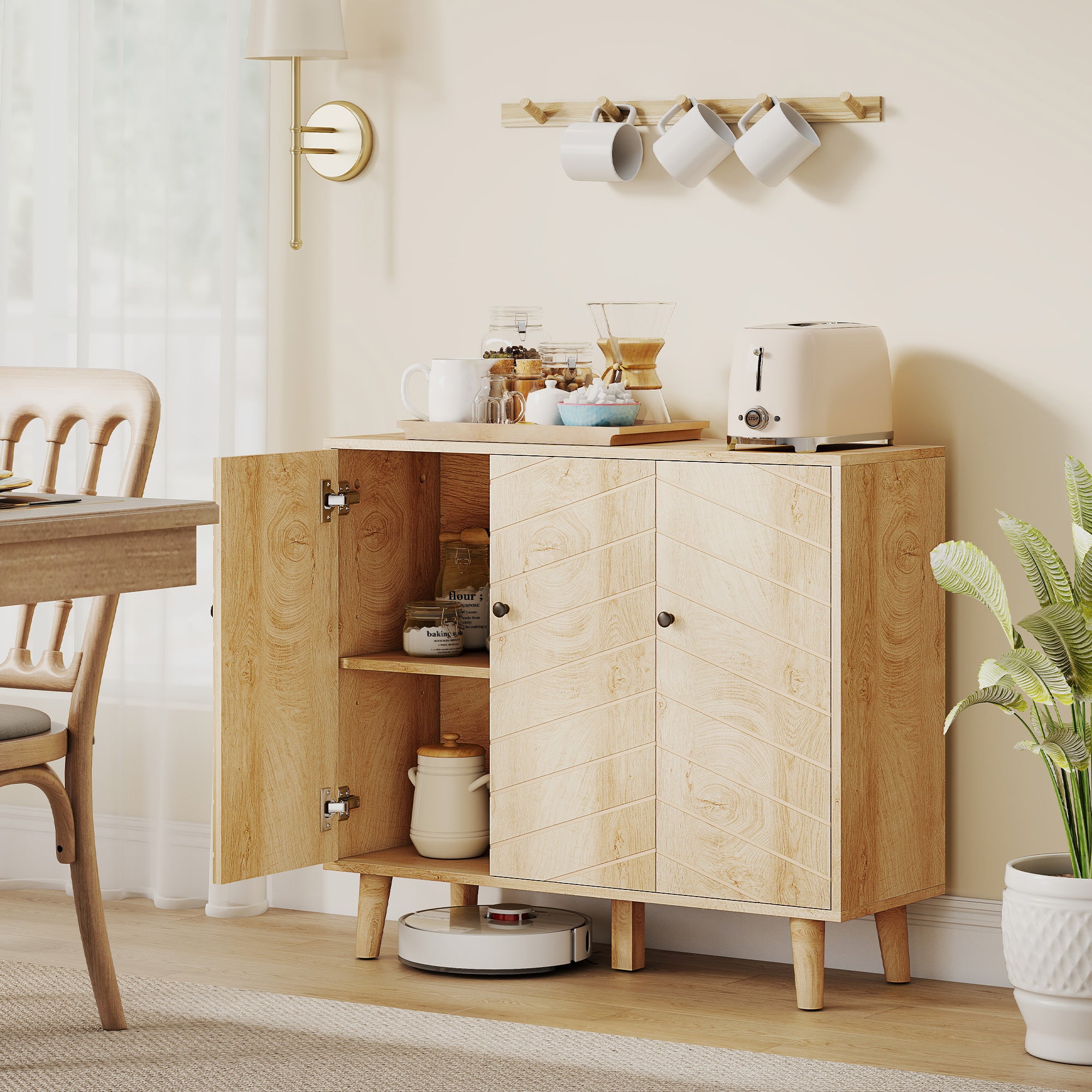 Vintage Sideboard with Chevron Doors and Pine Wood Legs for Living Room, Kitchen