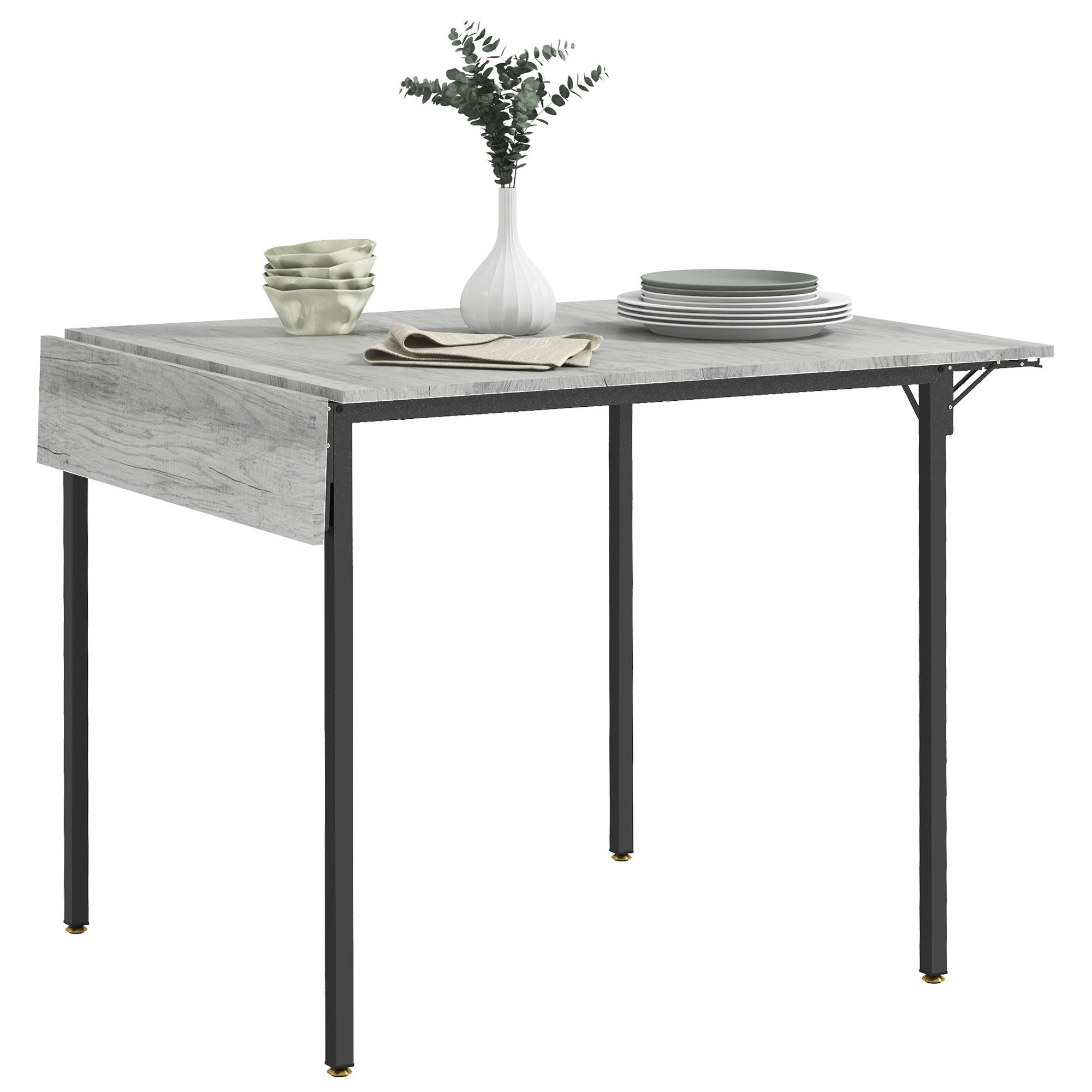 Four-Person Drop Leaf Dining Table with Wood-Effect Top - Grey