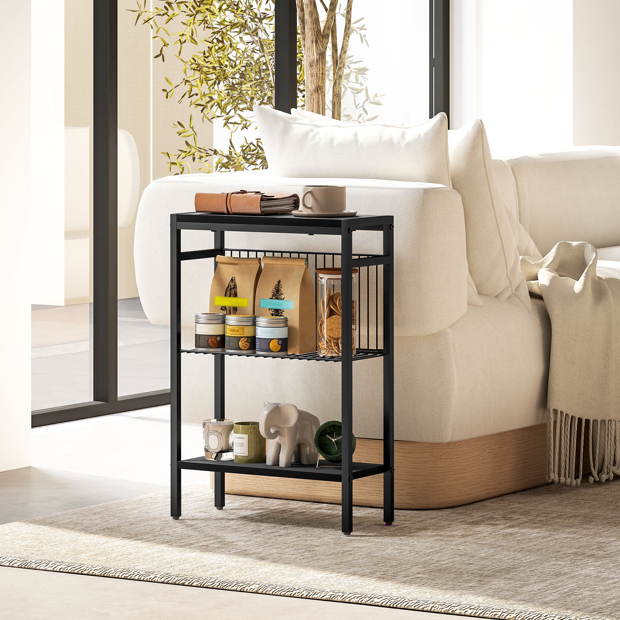 Three Shelf Industrial Side Table with Wire Shelf - Black