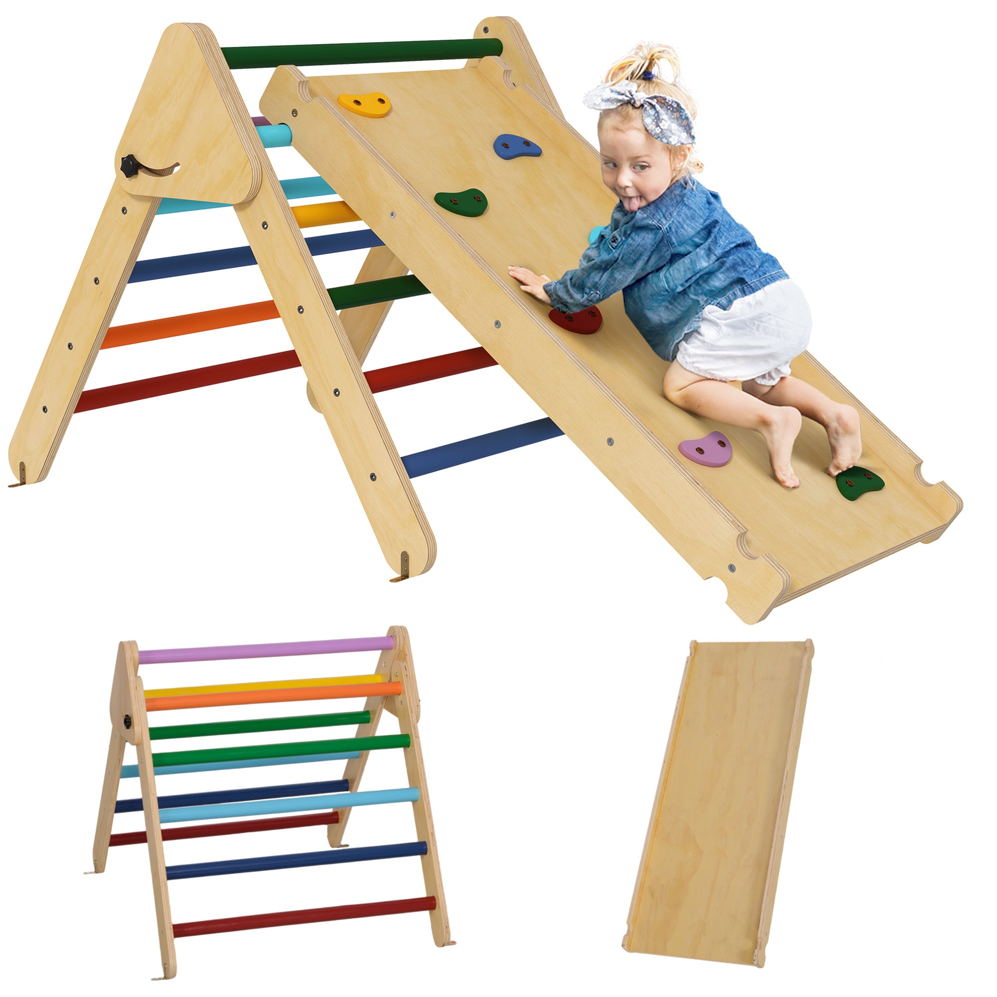 Toddler Climbing Frame for Kids, with Ramp, 3-in-1 Wooden Pikler Triangle Set for 18-48 Months, Multicolour