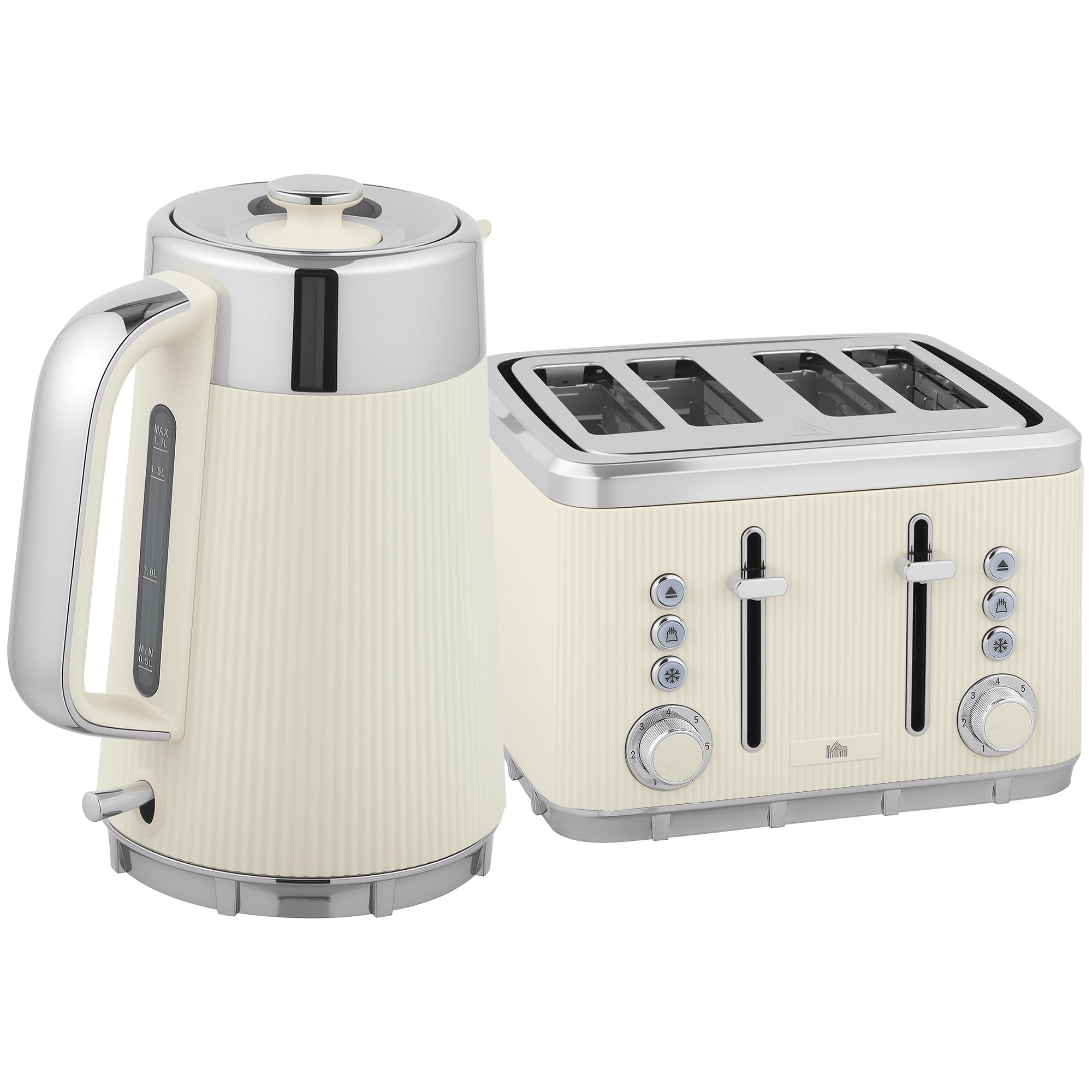 Electric Stainless Steel Kettle and Toaster Set, 3000W 1.7L UK Strix Thermostat Fast Boil Kettle w/ Limescale Filter, Cool Touch Body, 4 Slice Toaster with 7 Browning Levels, Cream White