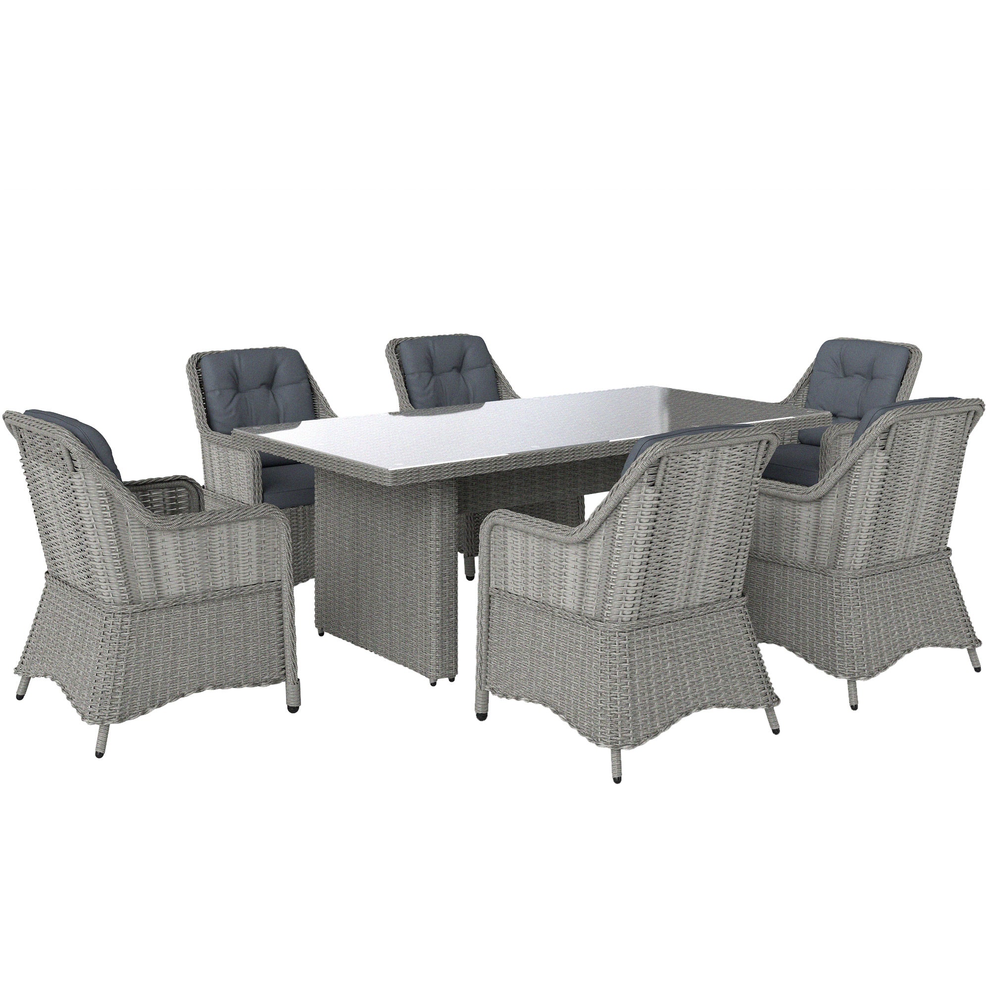6 Seater PE Rattan Dining Set with Cushions and Glass Table - Grey
