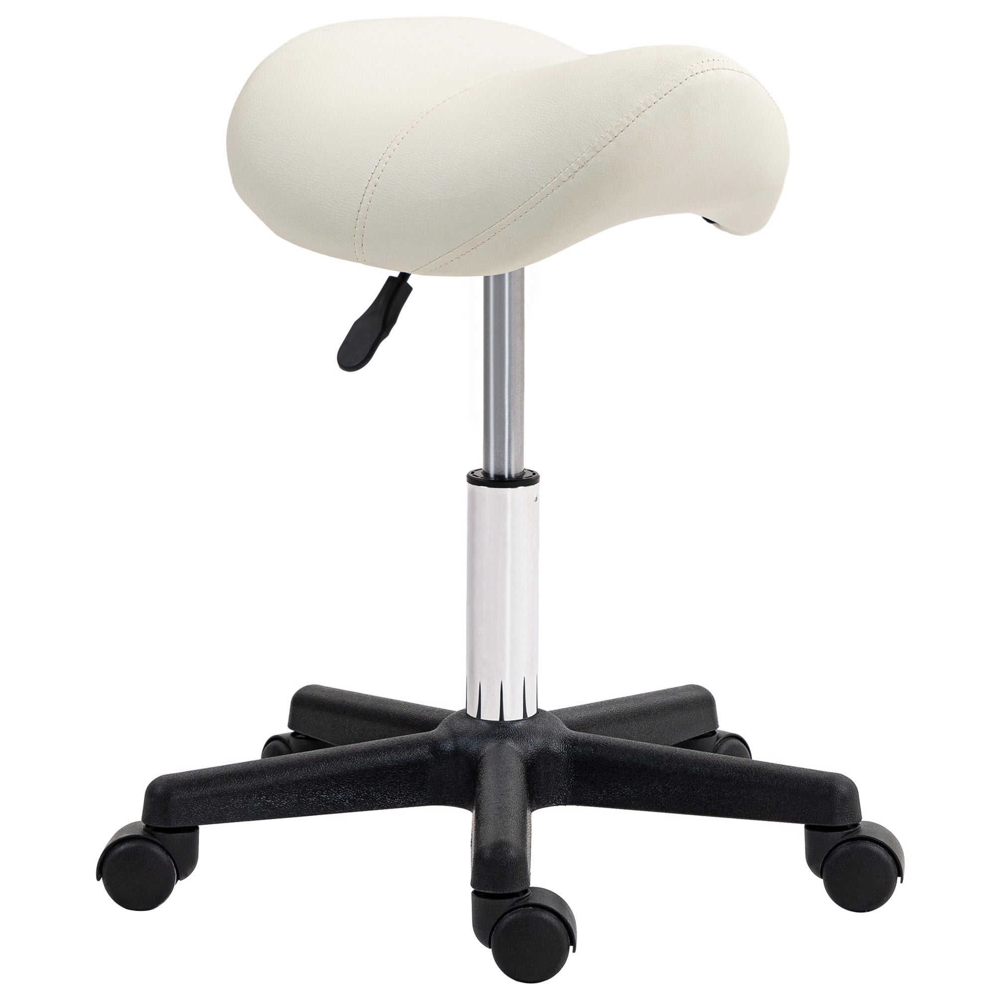 Saddle Stool, PU Leather Adjustable Rolling Salon Chair with Steel Frame for Massage, Spa, Beauty and Tattoo, White
