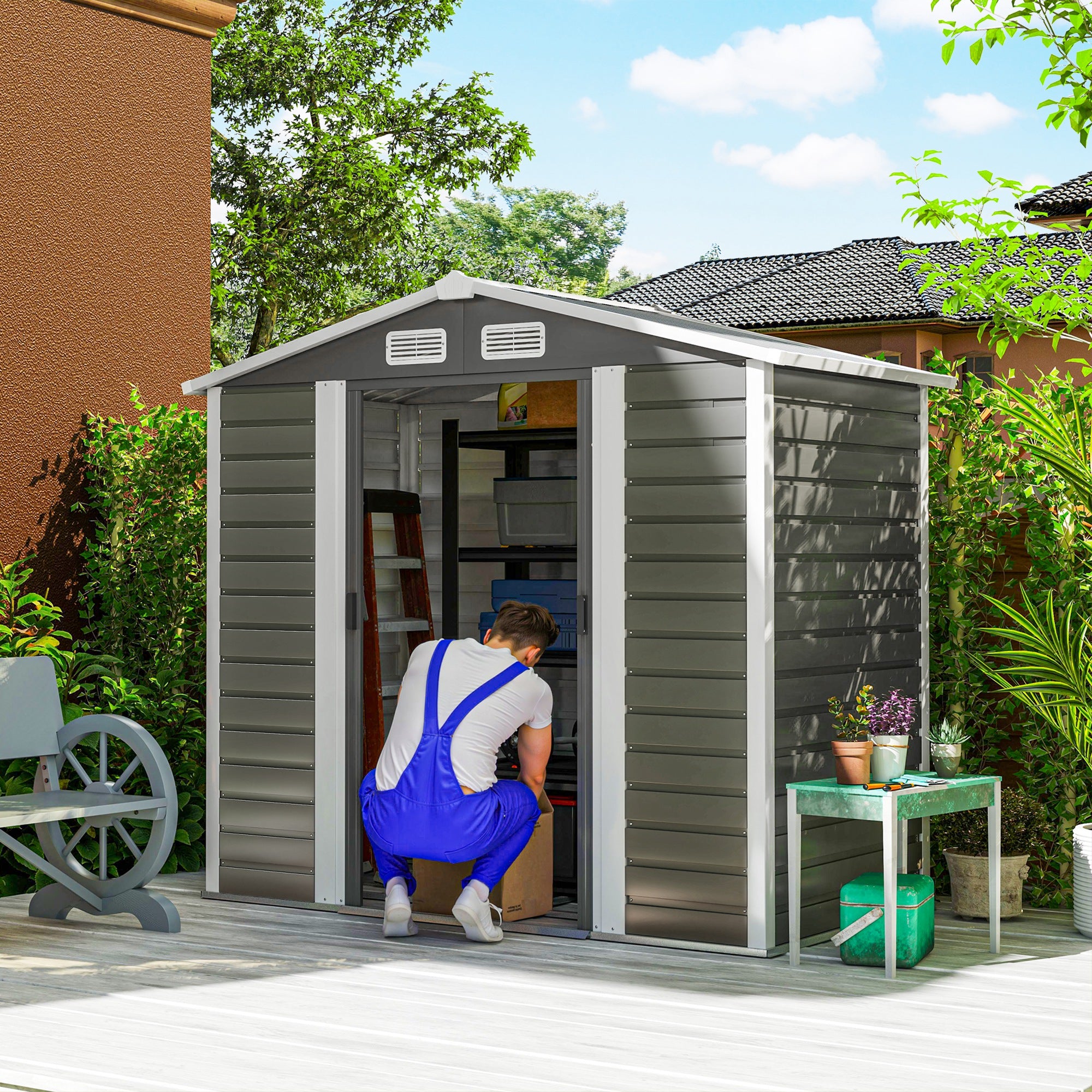 7 x 4ft Metal Garden Shed with Galvanised Steel Frame - Dark Grey
