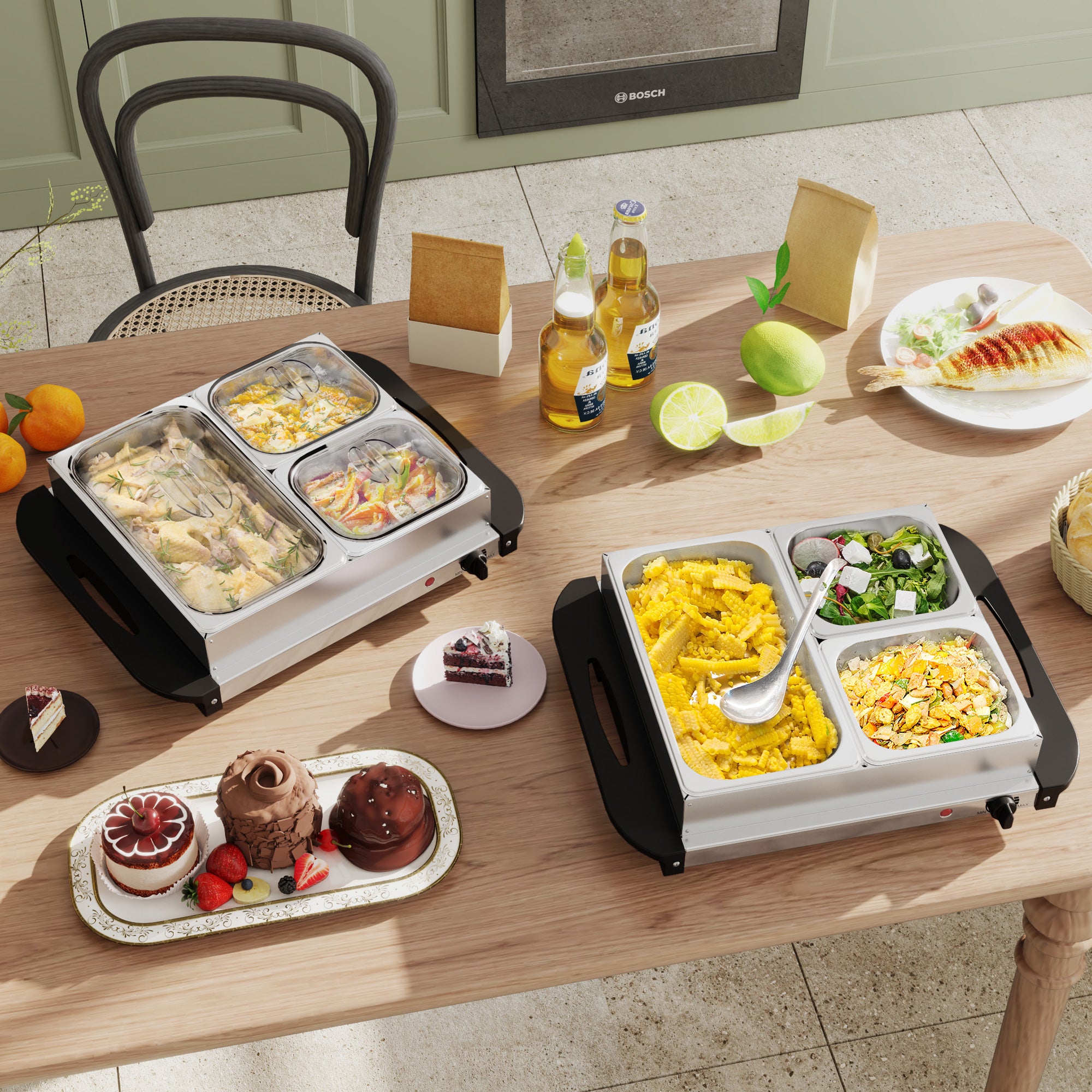 4.5L Stainless Steel Electric Buffet Server, with 3x Trays and Lids, Set of 2