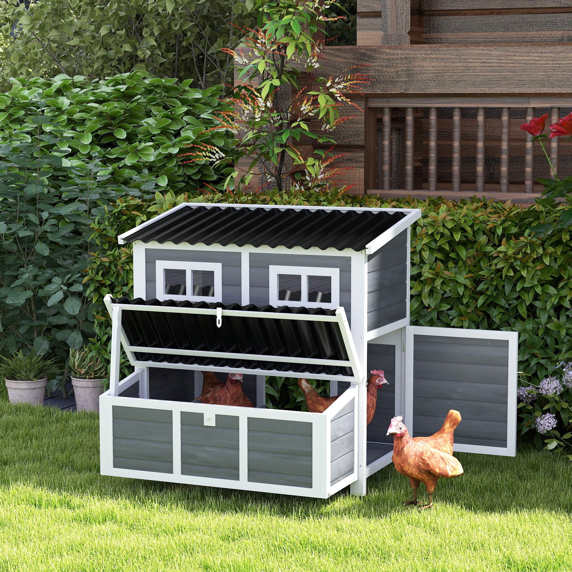 Wooden Chicken Coop with Nesting Box, Slide-Out Tray, Perches, for 4-6 Chickens, 100 x 86 x 100cm