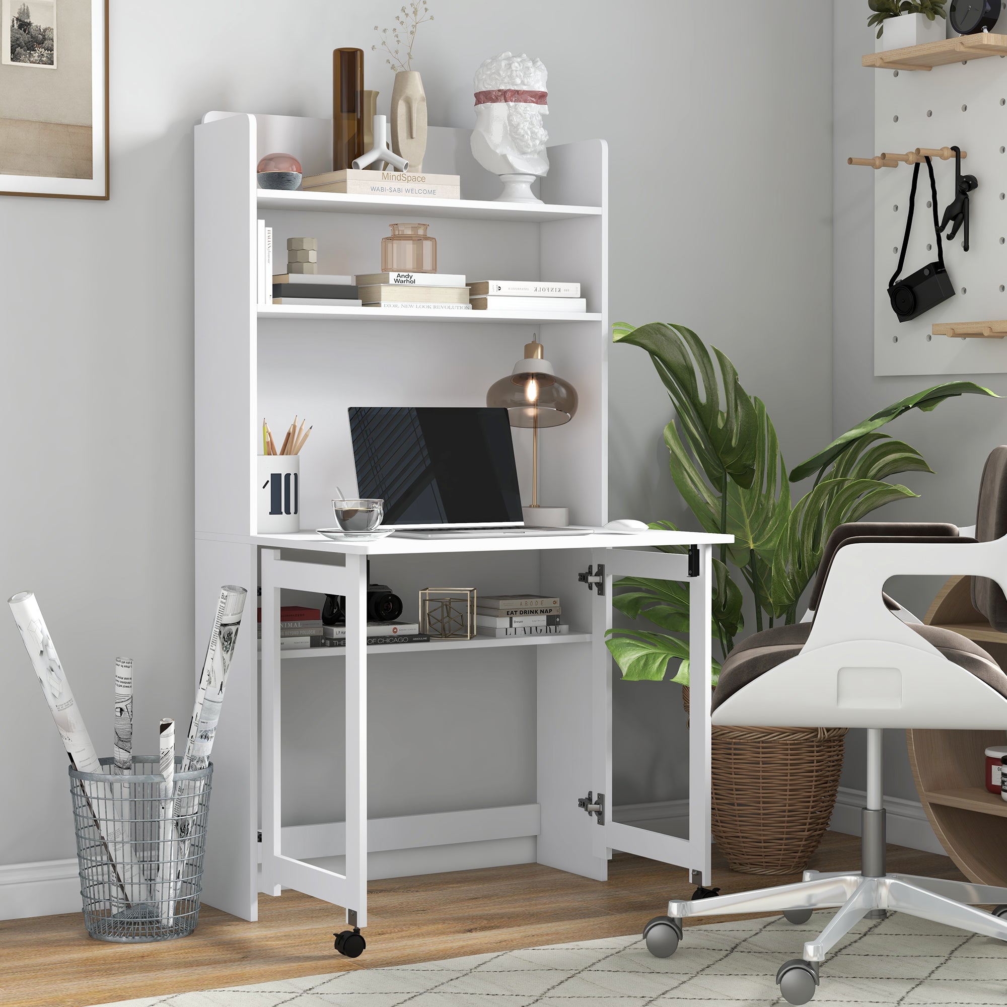 Foldable Desktop, Computer Desk with Storage Shelves, 80 x 69 x 155 cm, White
