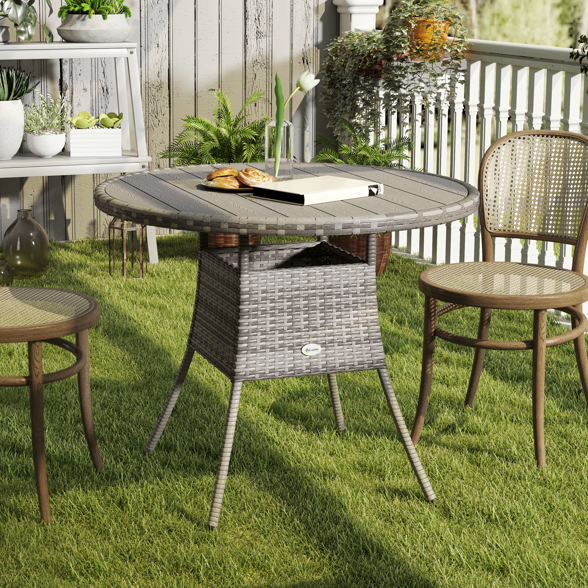 90cm Four-Person Wood-Effect Rattan Dining Table - Grey