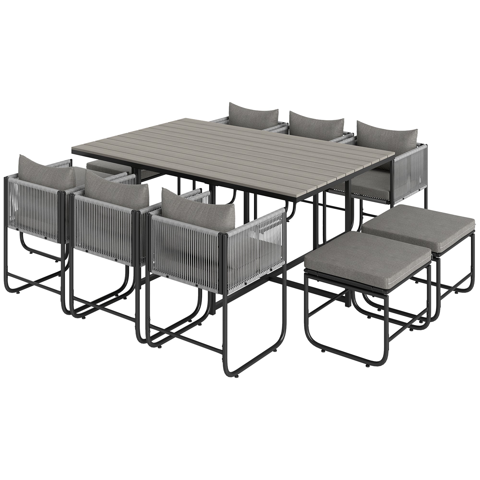 10 Seater Rattan Cube Garden Dining Set with Cushions, 6 Armchairs & 4 Stools, Rectangular Wood Grain Table - Grey