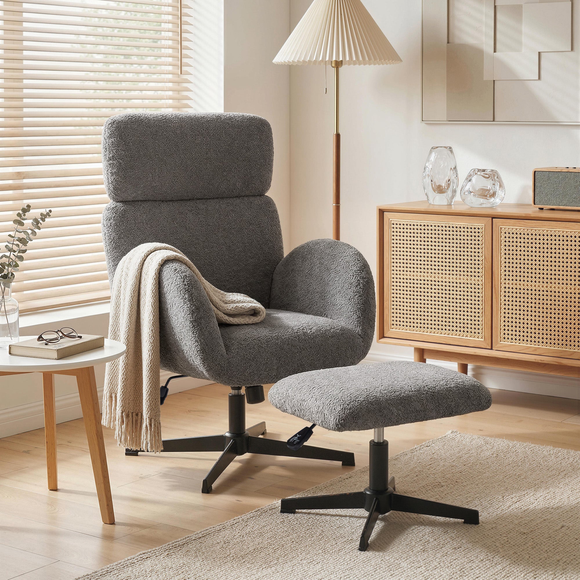 Swivel Armchair and Footstool Set, Height Adjustable Accent Chair with Adjustable Headrest, Rocking Function, Grey