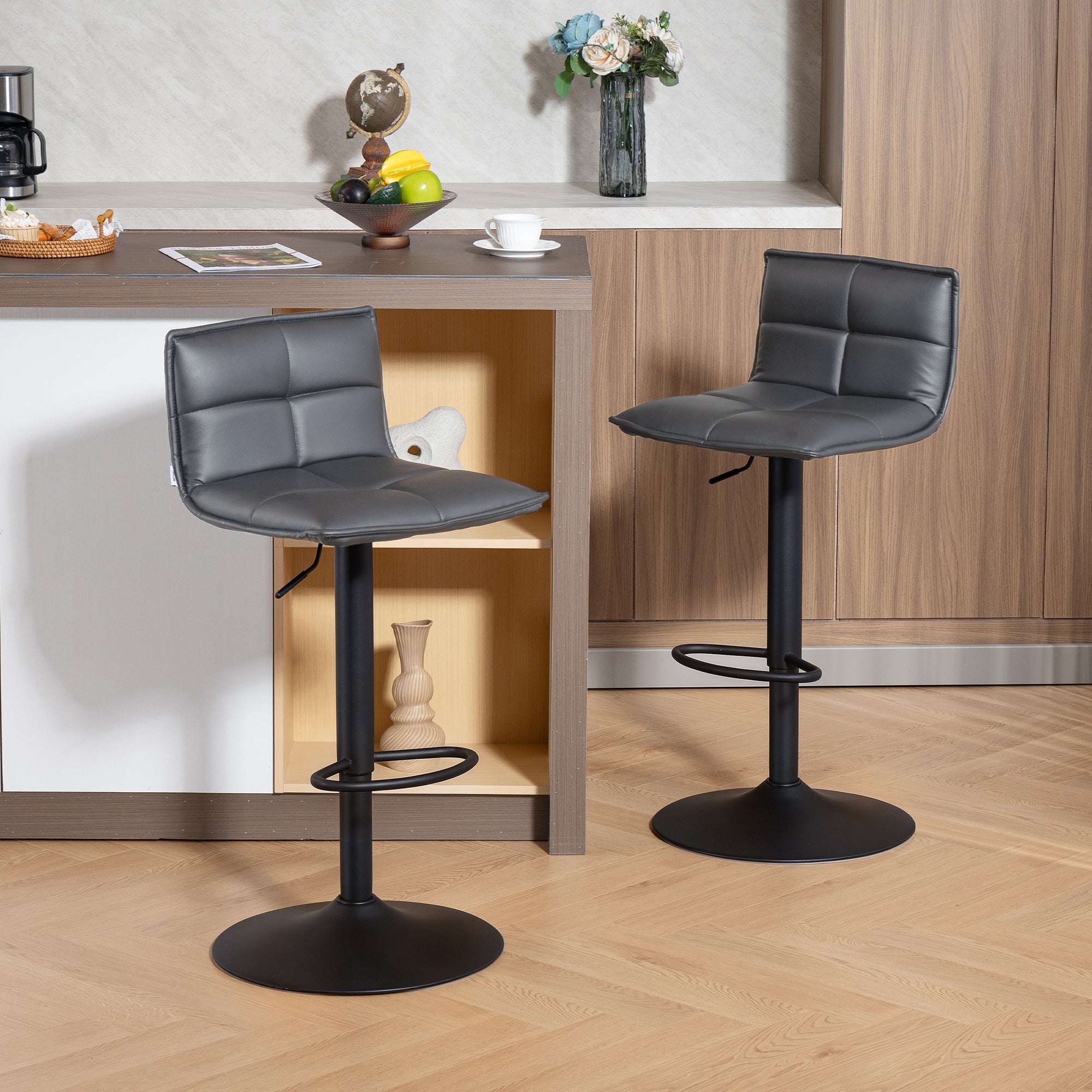 Set of Two Modern Faux Leather Bar Stools - Dark Grey