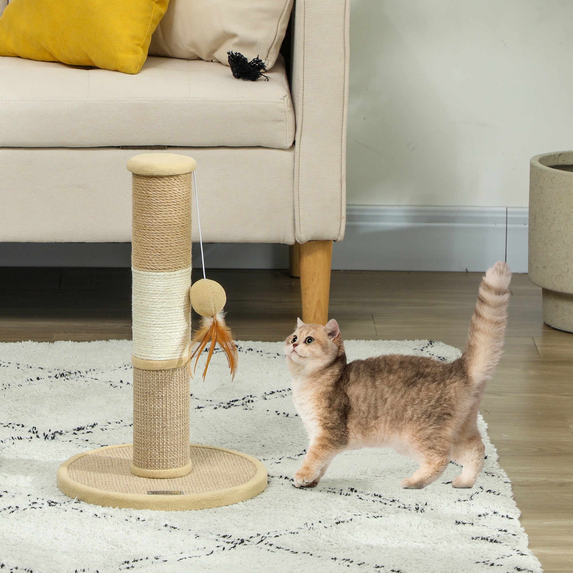 47cm Indoor Cat Scratching Post with Jute Sisal Rope, Hanging Toy Ball & Feather - Brown