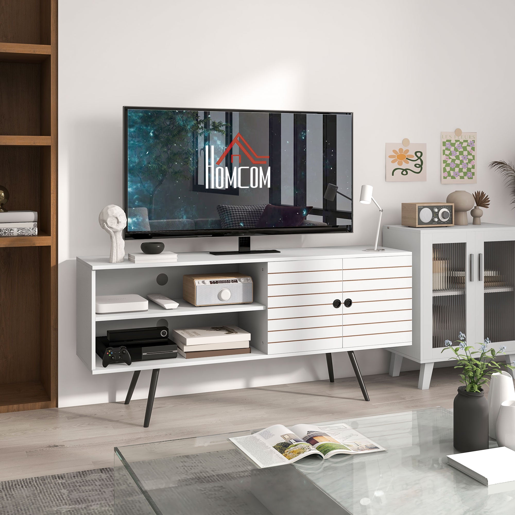 Duo Storage TV Unit for TVs up to 65" with Striped Door - White