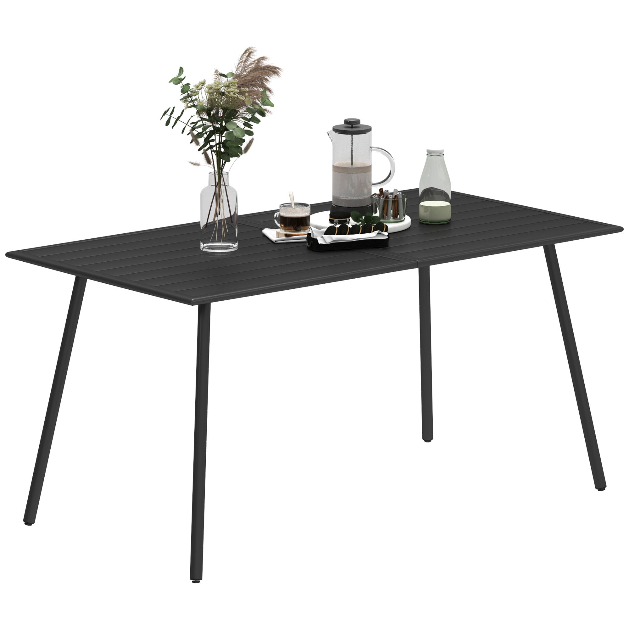 6 Seater Rectangle Garden Table with Slat Top Steel Frame - Black