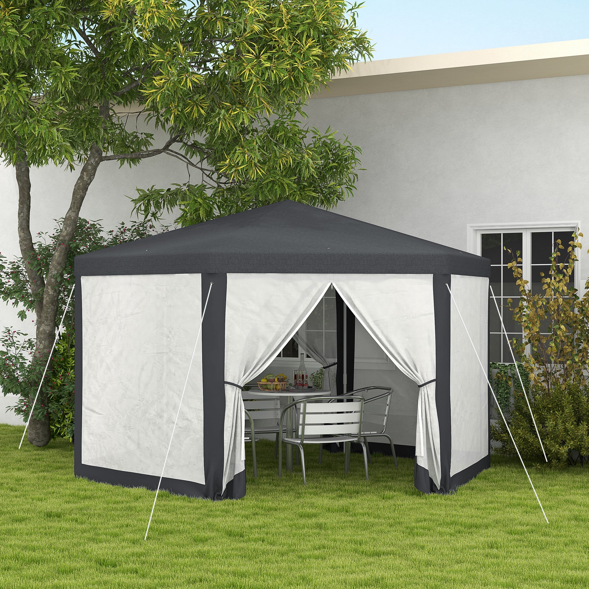 4 Metre Hexagon Steel Frame Gazebo with Netting - Dark Grey
