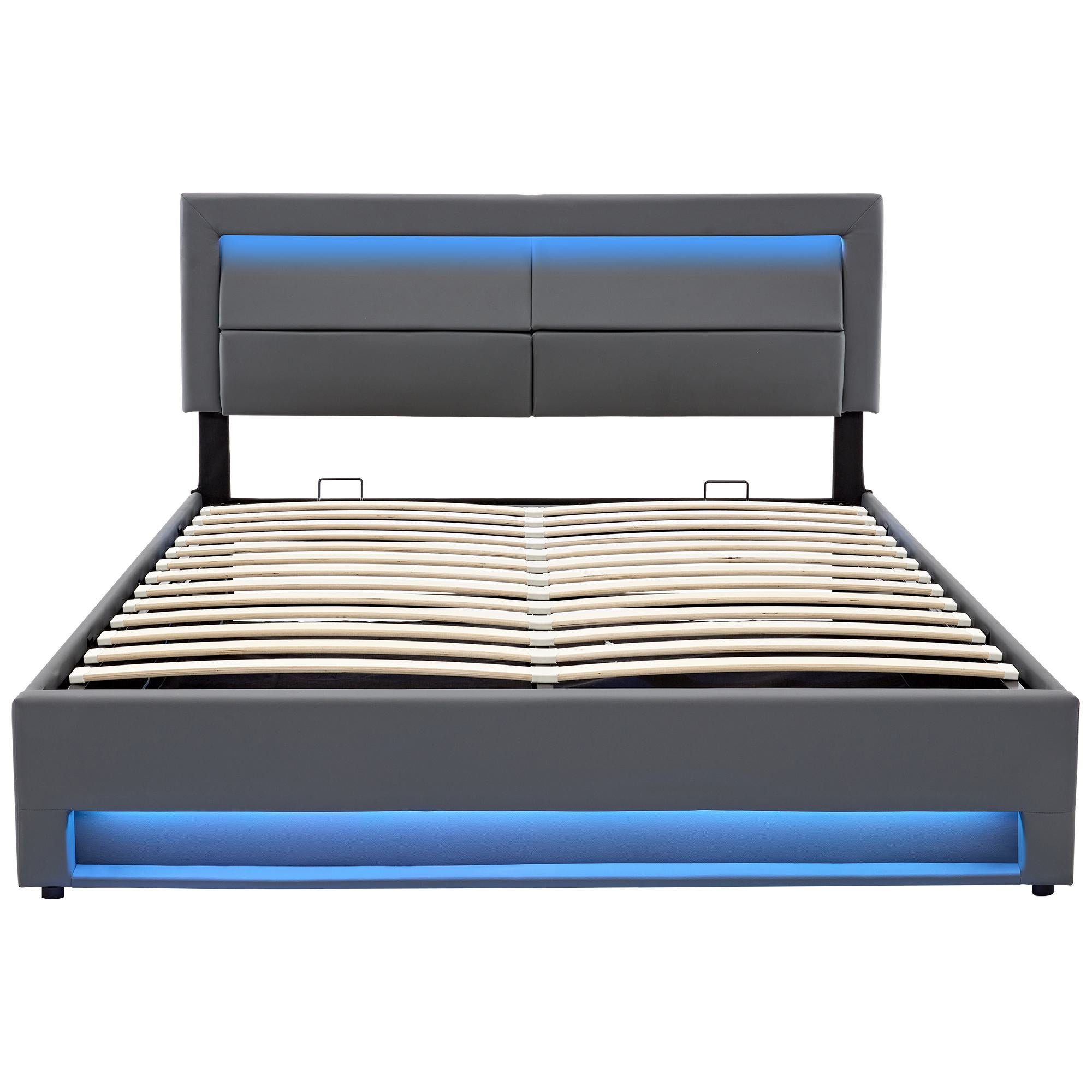 Upholstered Double Bed with USB Charging and LED Lighting - Gray