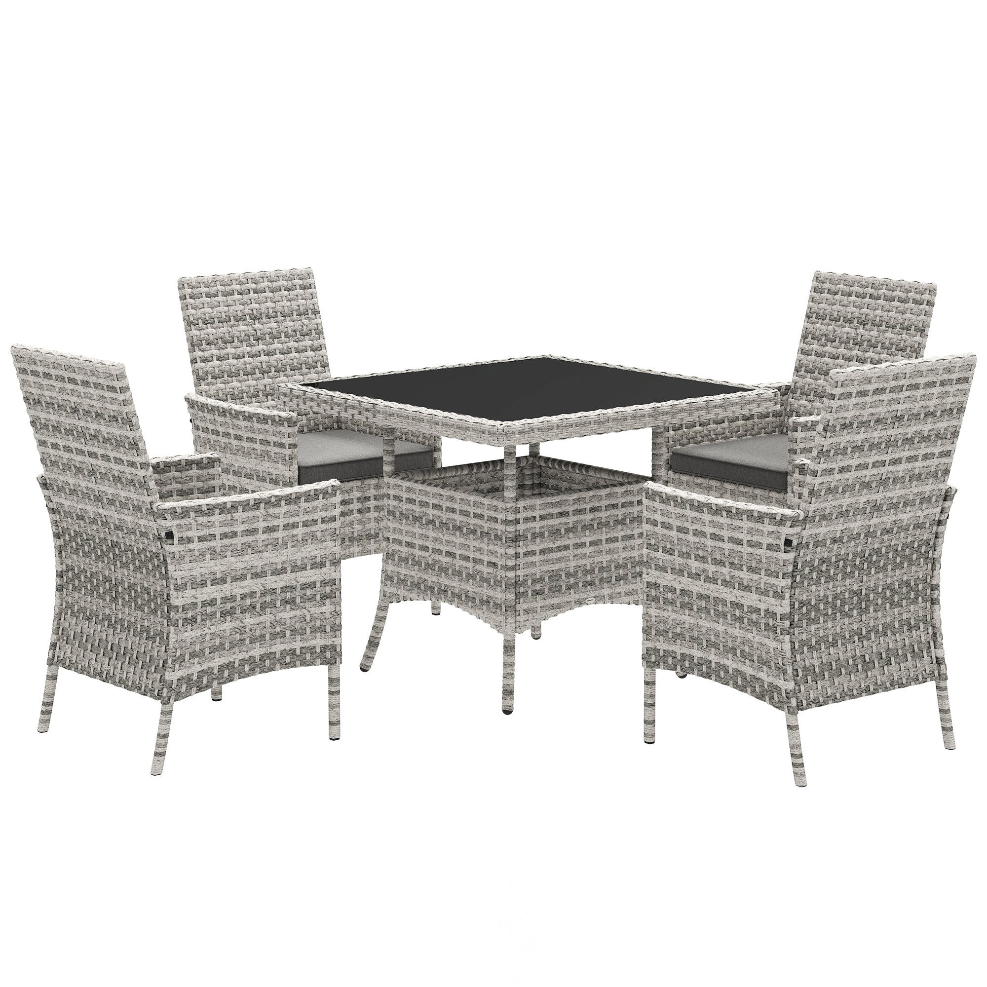 Rattan 4-Seater Outdoor Garden Dining Set with Cushions and Tempered Glass Table - Mixed Grey