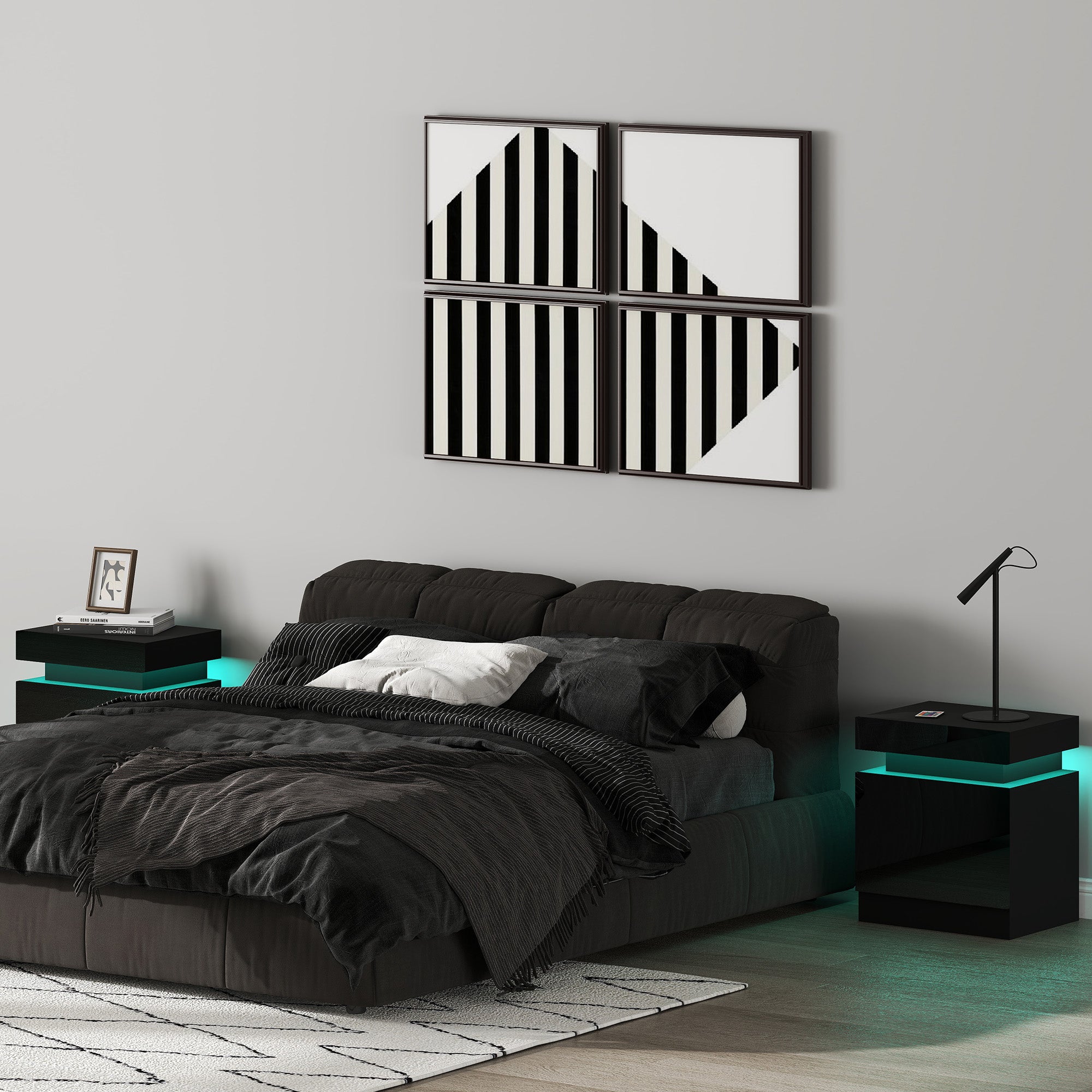 High Gloss Front Bedside Tables Set of 2, Nightstands with RGB LED Light and 2 Drawers, Chest of Drawers for Bedroom, Living Room, Black