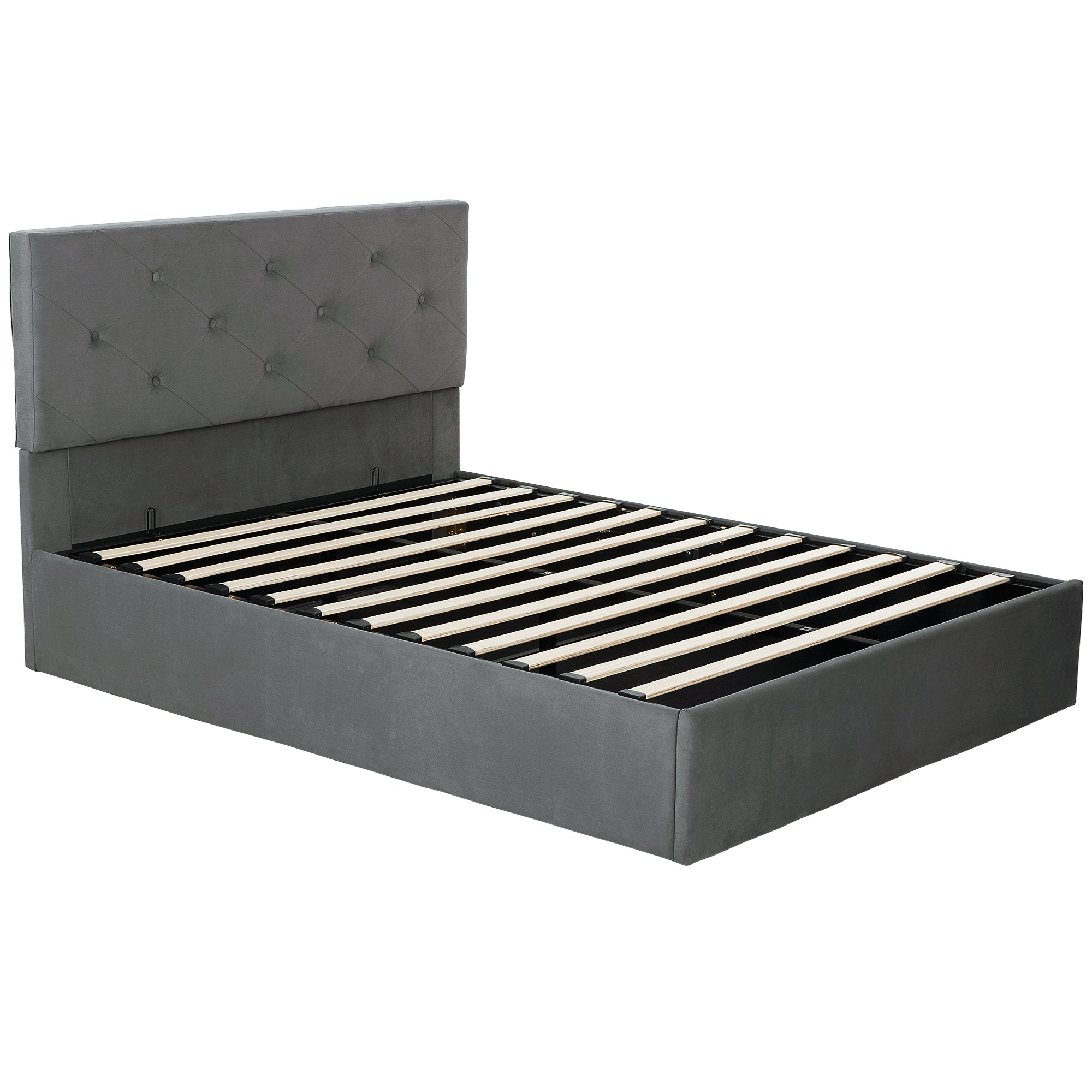 King Size Bed Frame Gas End Lift Under Bed Storage Upholstered Platform Bed Tufted Headboard for 150 x 200 cm Mattress
