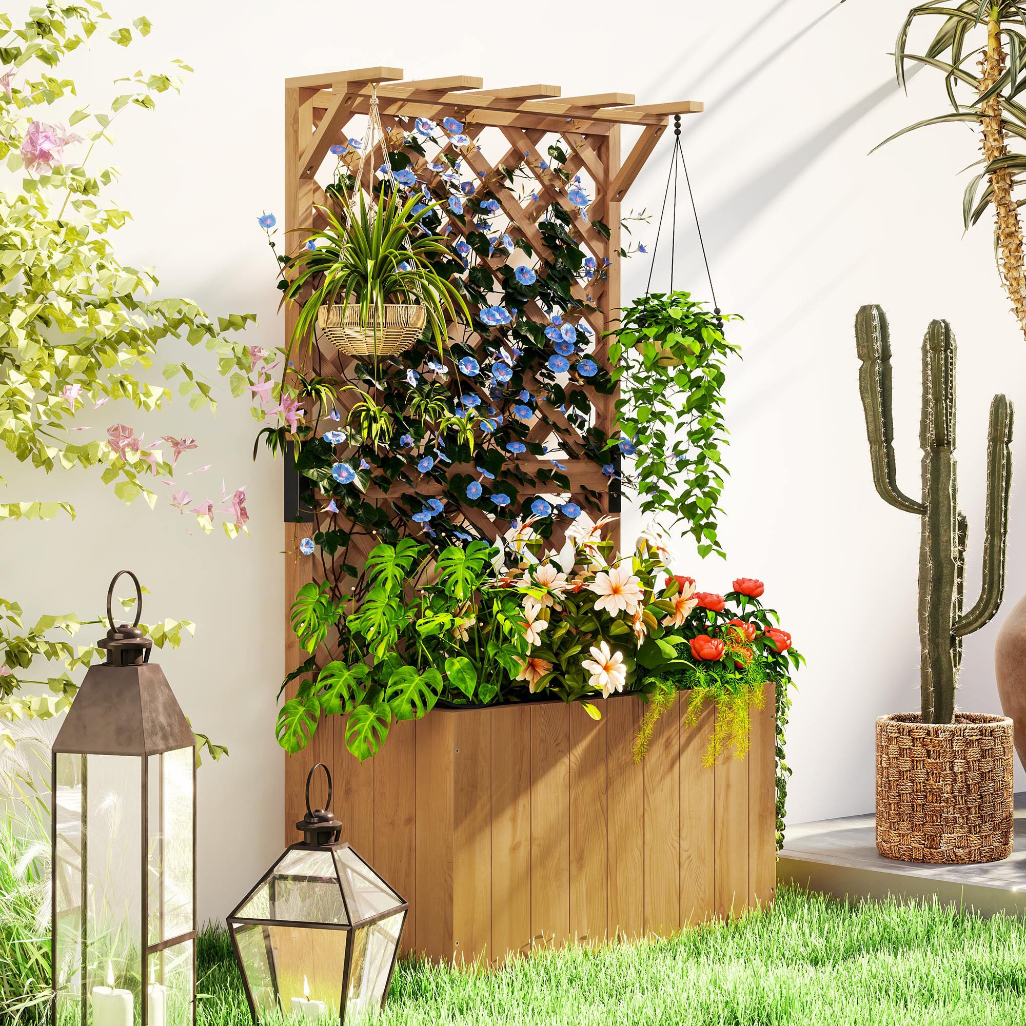 Freestanding Wooden Planter with Trellis and Liner - Natural