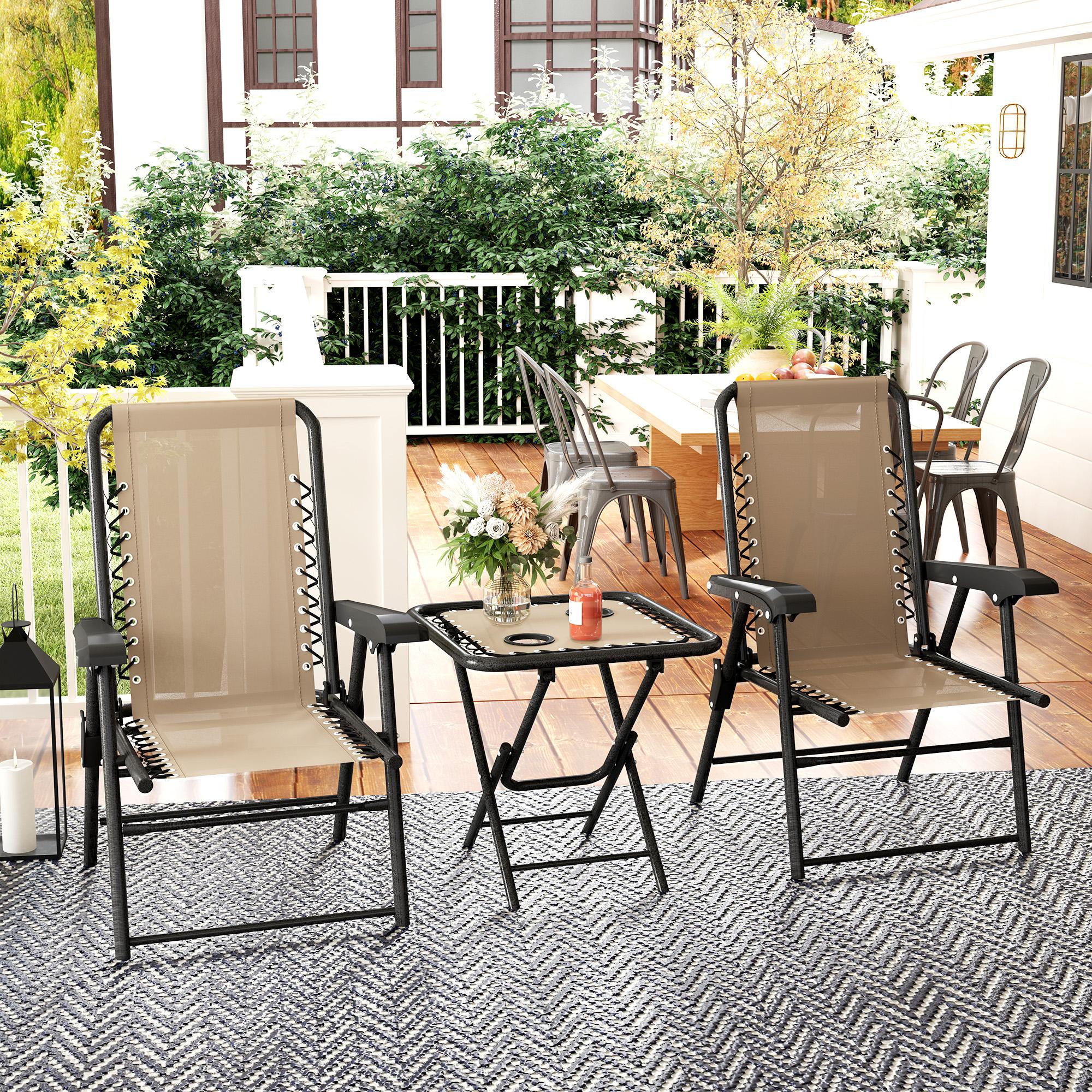 3 Piece Folding Garden Table and Chair Set with Texteline Fabric - Khaki