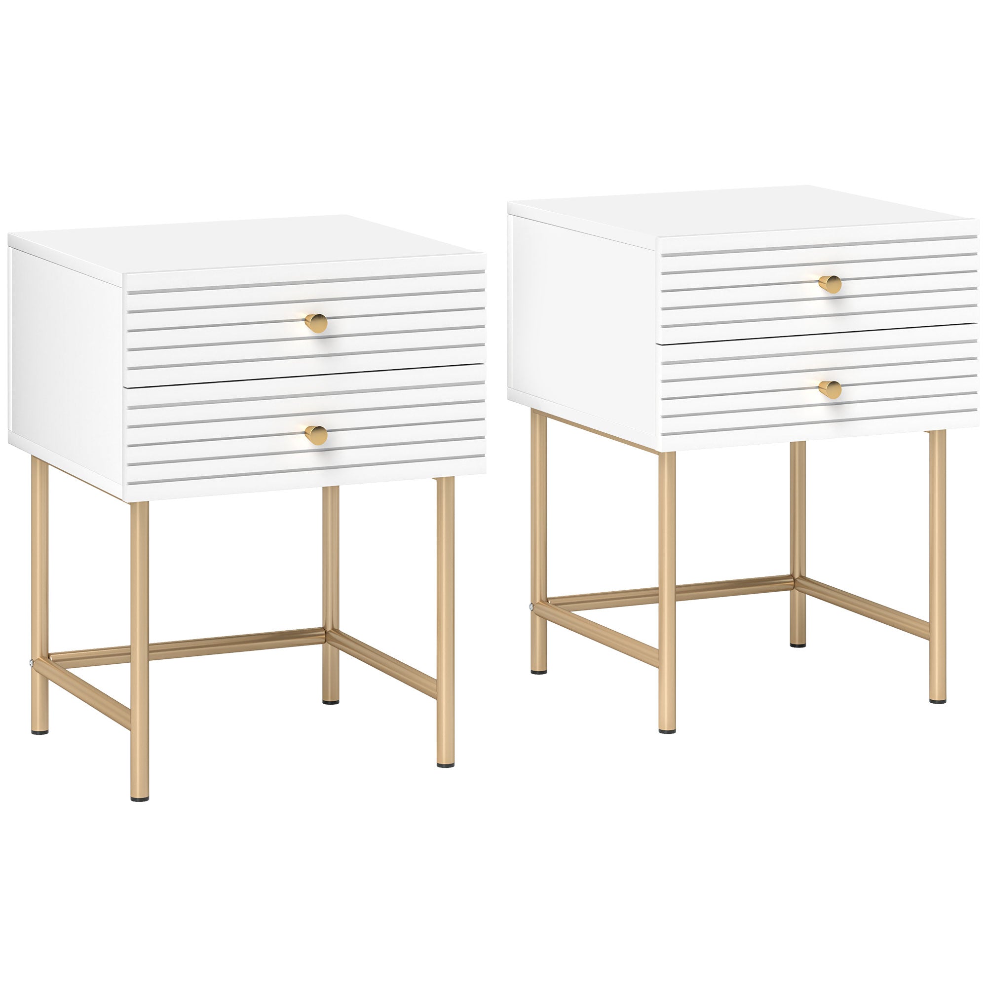 Set of Two Elegant Bedside Tables with Drawers - White/Gold-Tone