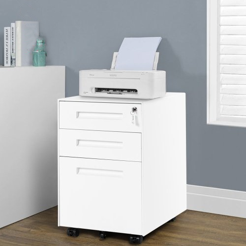 3 Drawer Mobile File Cabinet with Lockable Drawers and Casters, Steel Filing Pedestal with Enamel Finish, 41L x 52W x 60H cm, White