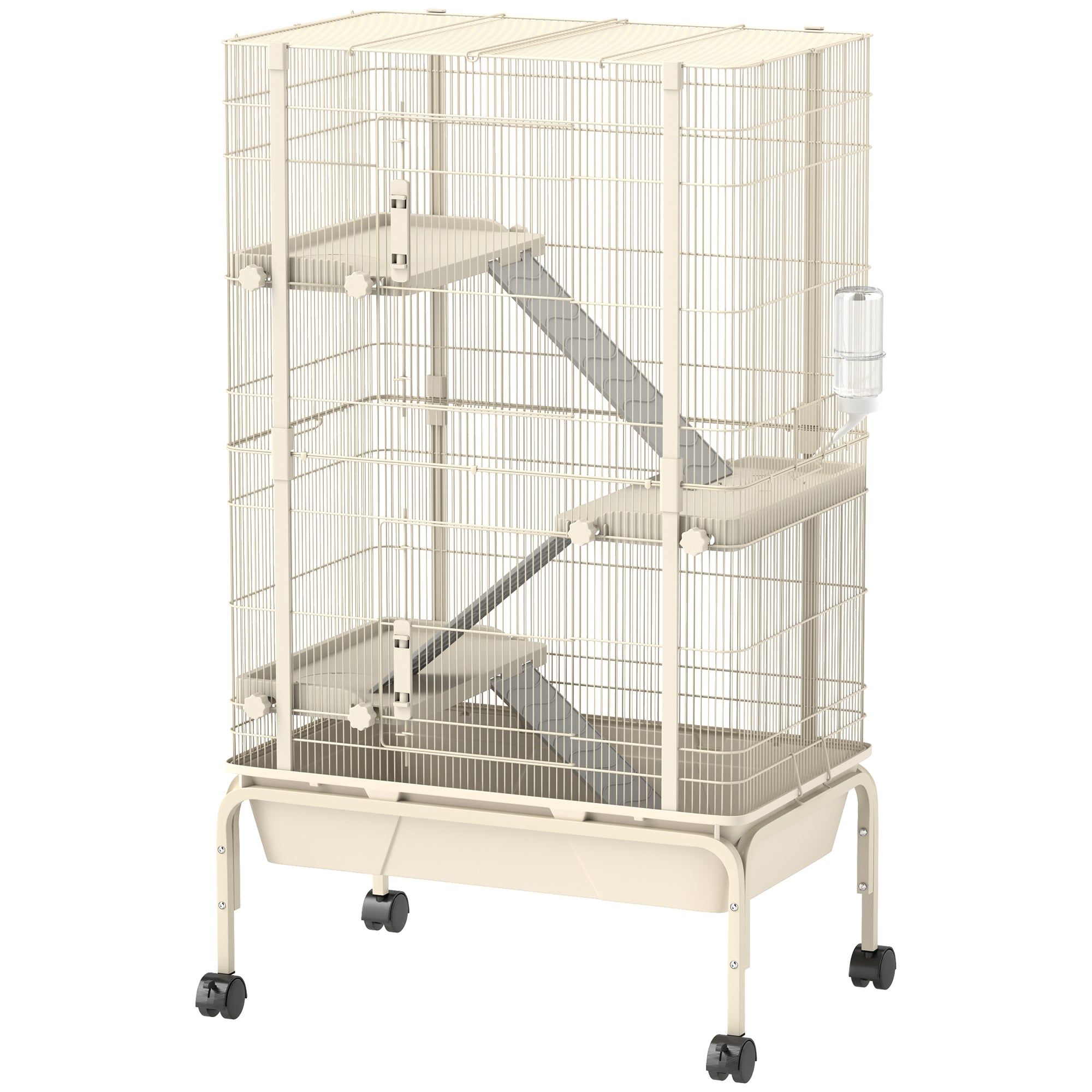 4 Levels Rolling Small Animal Cage, Rabbit Cage with 3 Ramps, Water Bottle, Food Dish, 15cm Deep Tray, Beige