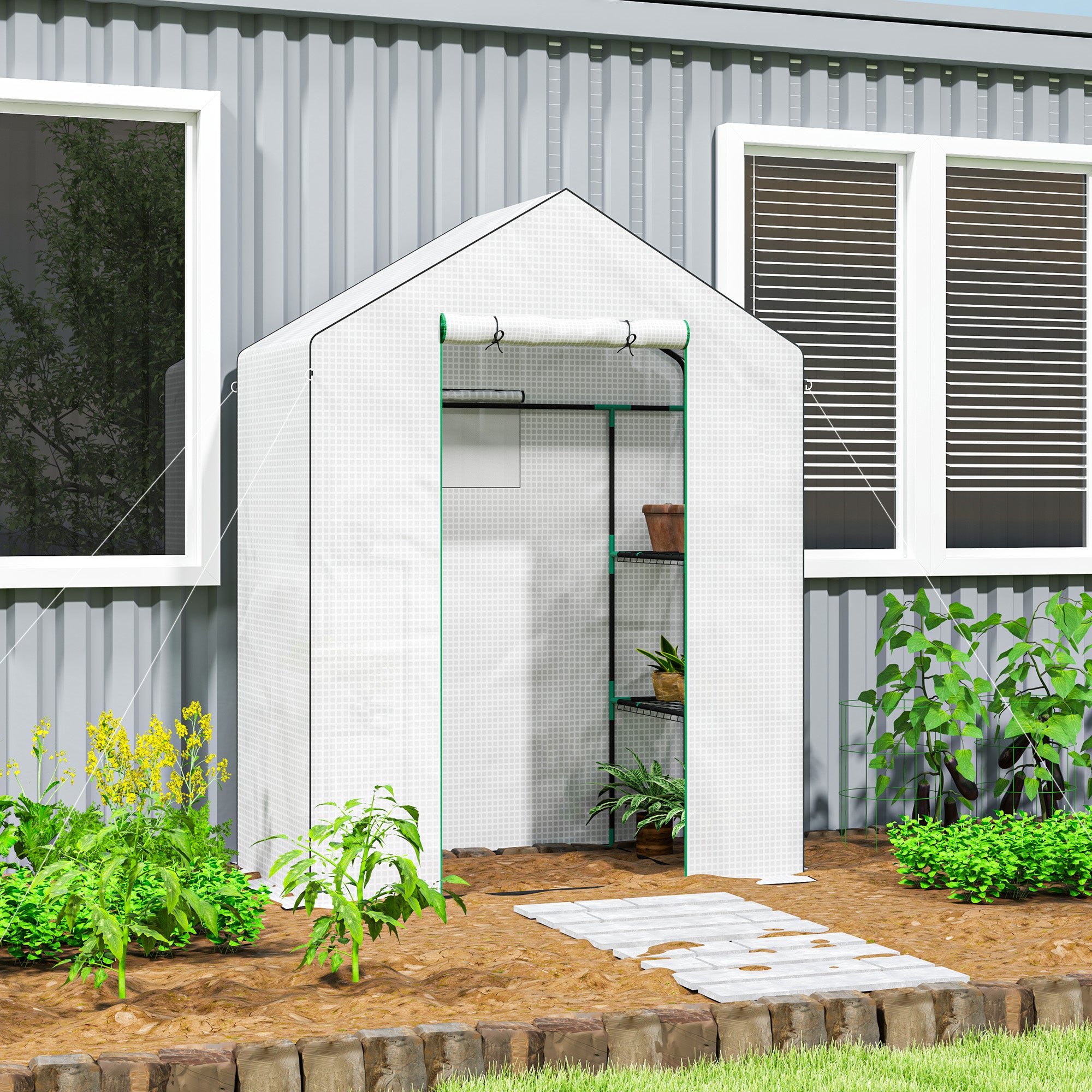 1.43 Metre Walk-In Greenhouse with Shelves and UV-Resistant Cover - White