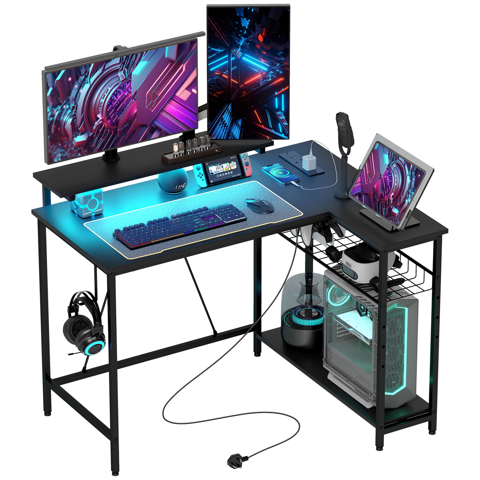 Reversible L-Shaped LED Gaming and Work Desk with USB Ports - Black
