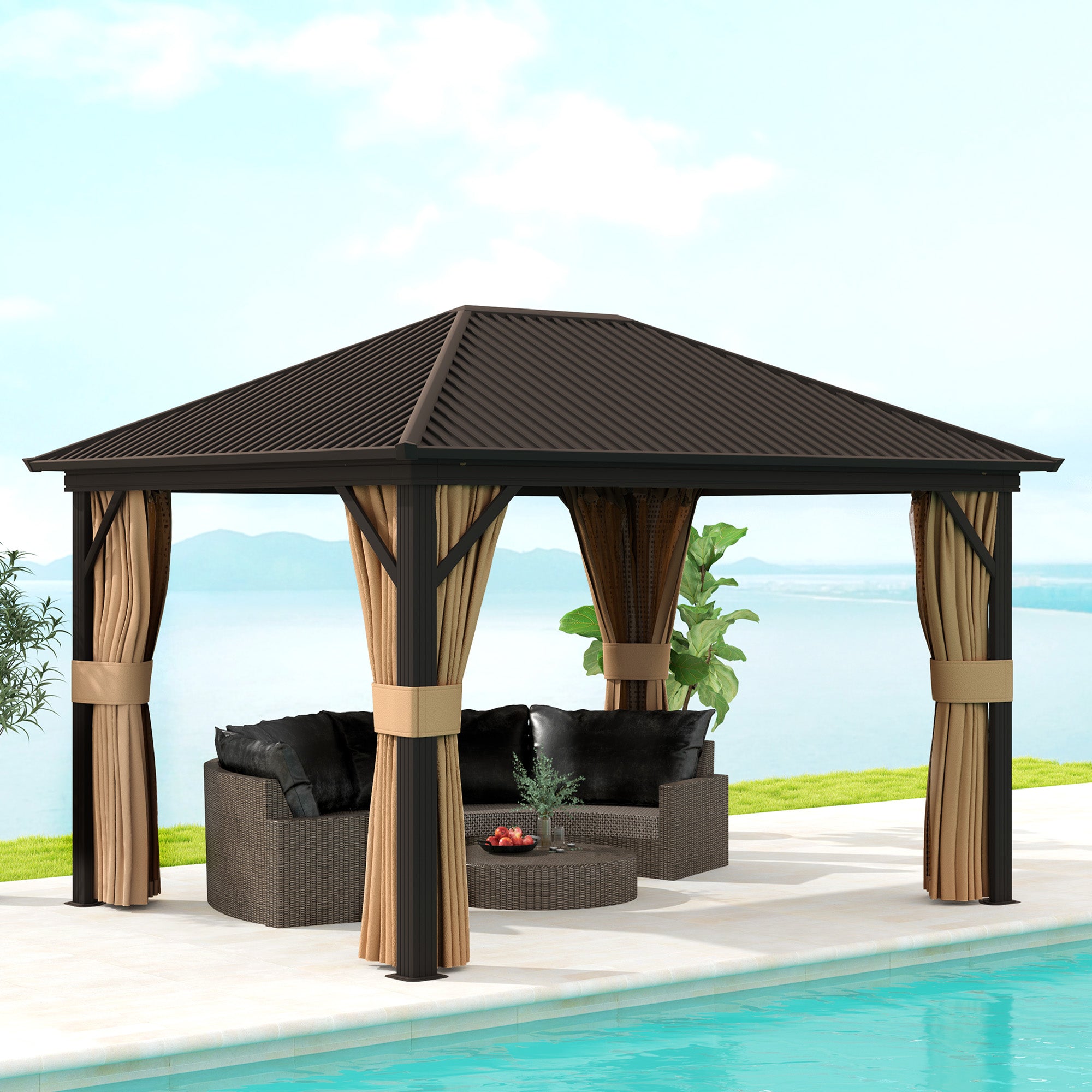 3.6 x 3 Metre Aluminium Frame Hardtop Gazebo with Curtains - Grey