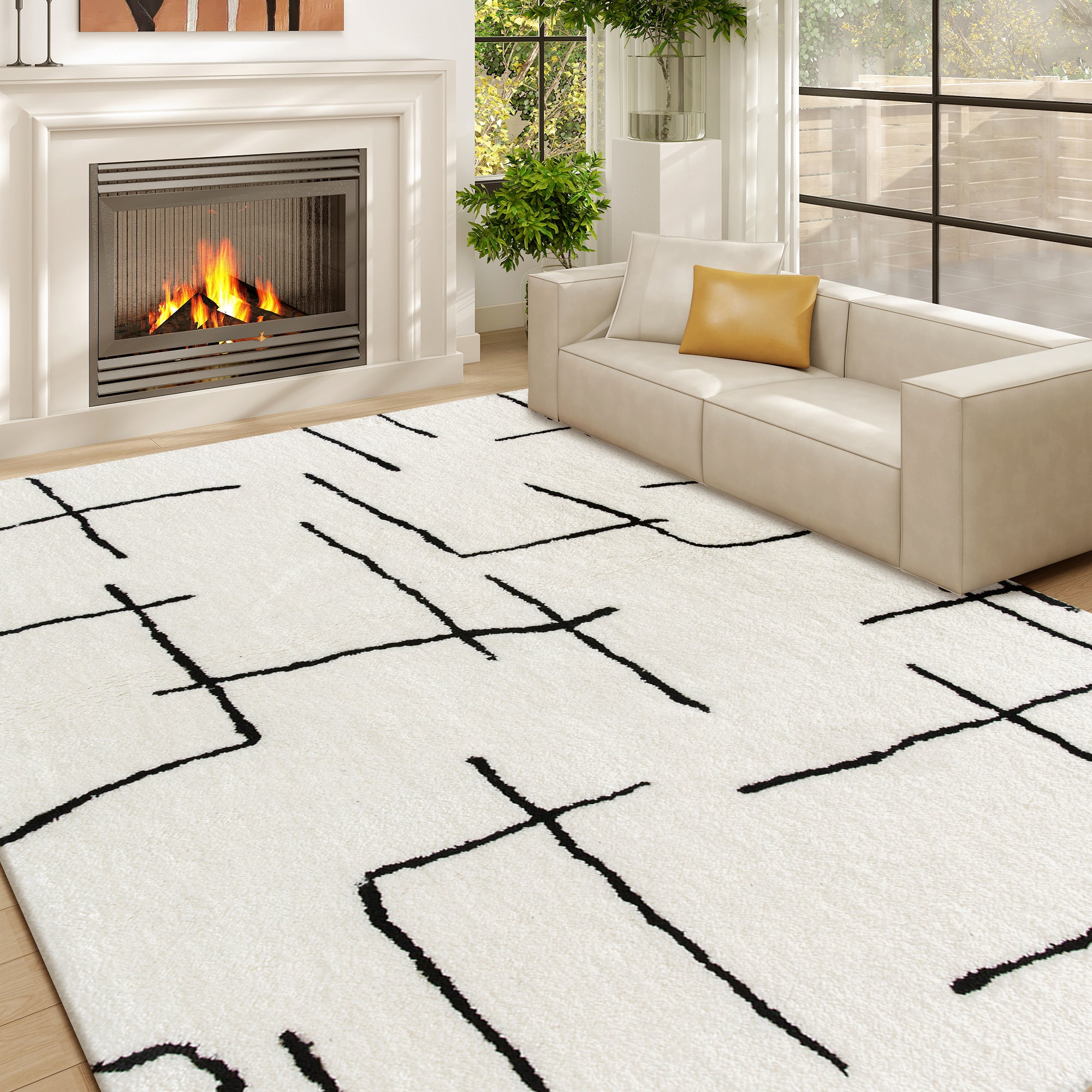 Modern Fluffy Area Rug, Geometric Pattern Washable Rug, Soft High Pile Floor Carpet for Living Room, Bedroom, Dining Room, Home Office, 170 x 120 cm, Cream