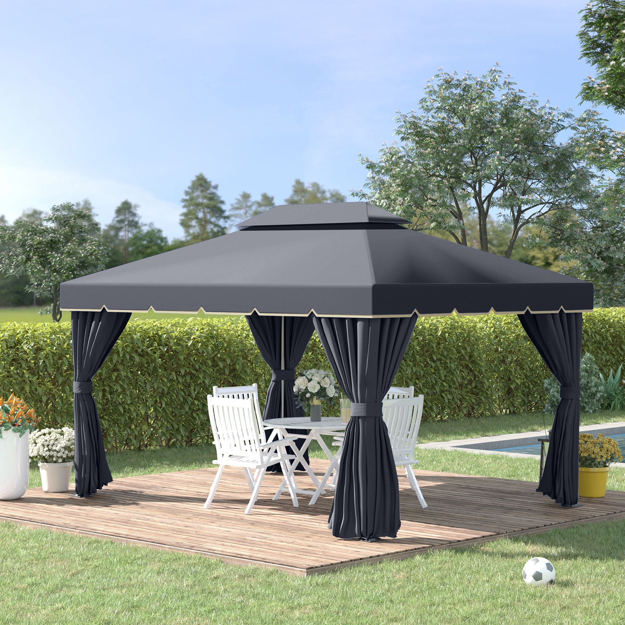 3 x 4m Aluminium Garden Gazebo with Nets and Curtains Marquee Pavilion Shelter - Black