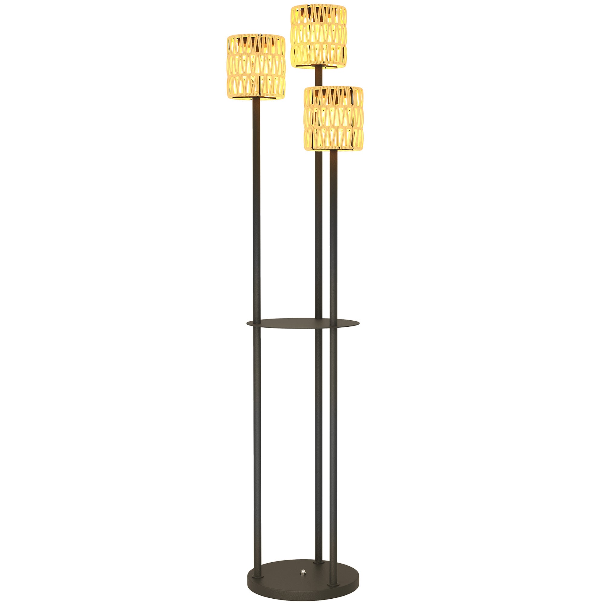 Boho Rattan 3-Light Floor Lamp with Shelf Solar Garden Light IP44 Waterproof - Yellow