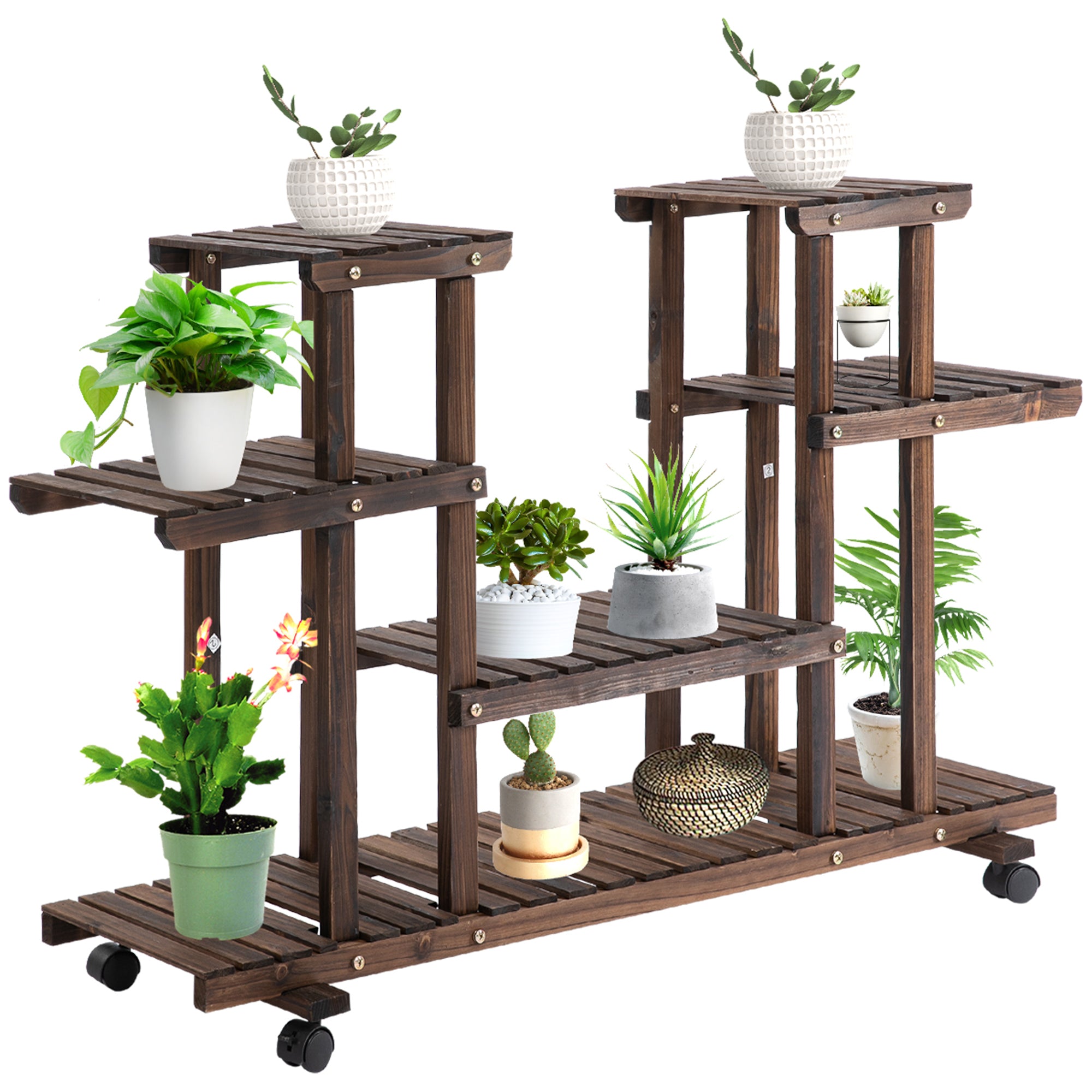 4-Tier Plant Stand with Wheels and Brakes, Floor-standing Wooden Flower Rack, for Indoor & Outdoor Garden Balcony Living Room, 124 x 33 x 80 cm