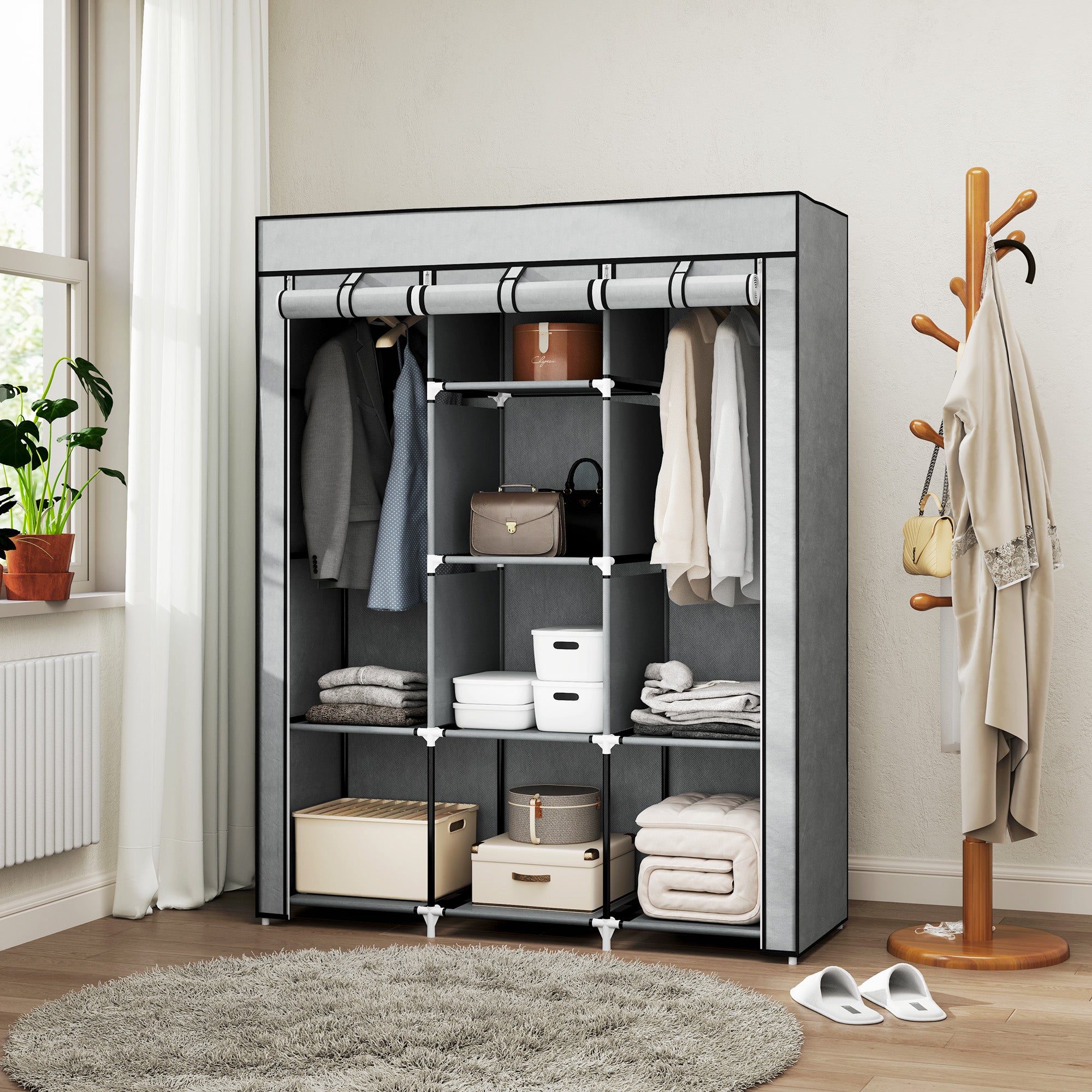 Fabric Wardrobe with Rails and Shelves for Easy Organization - Light Grey