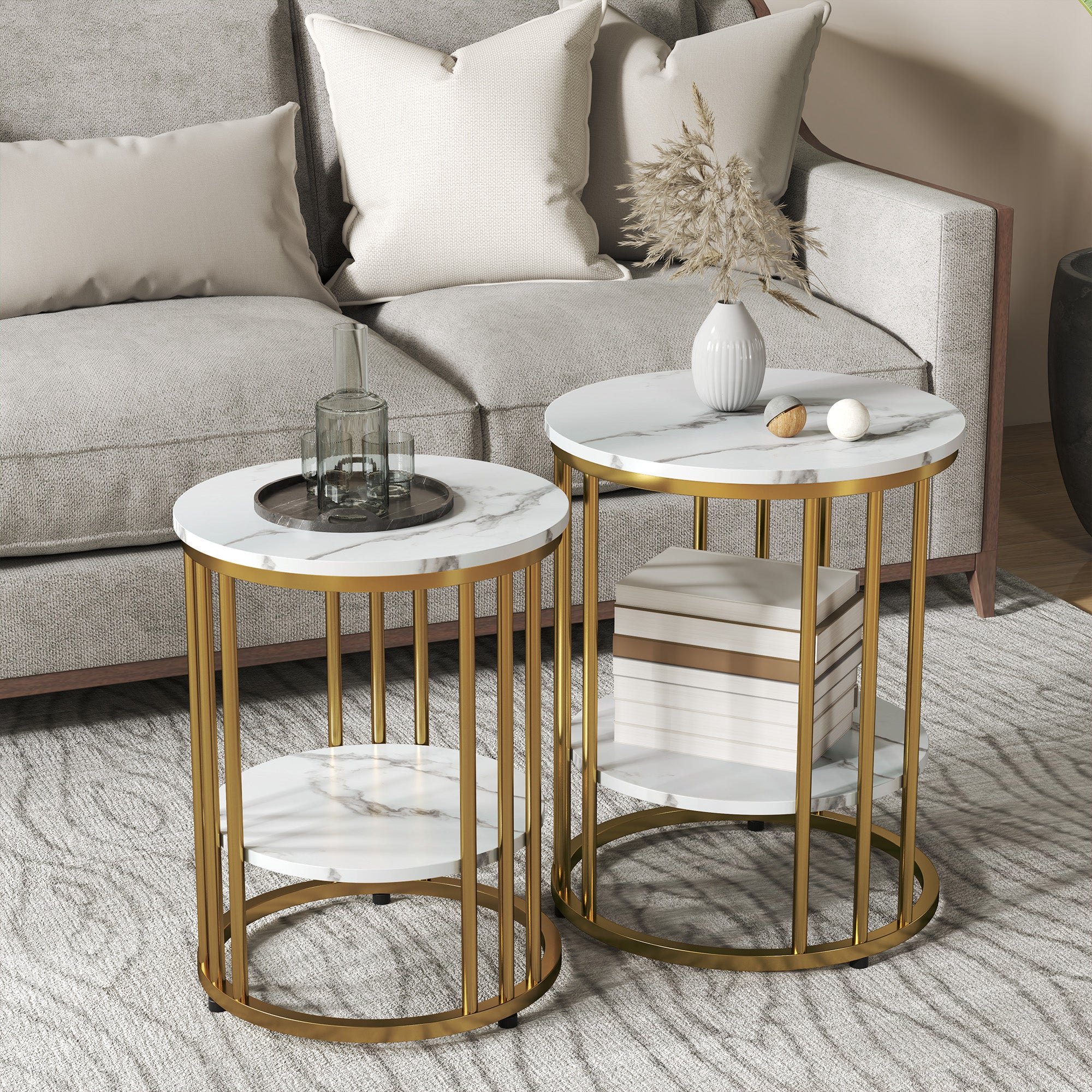 Set of Two Marble-Effect Two-Tier Coffee Tables - White/Gold-Tone